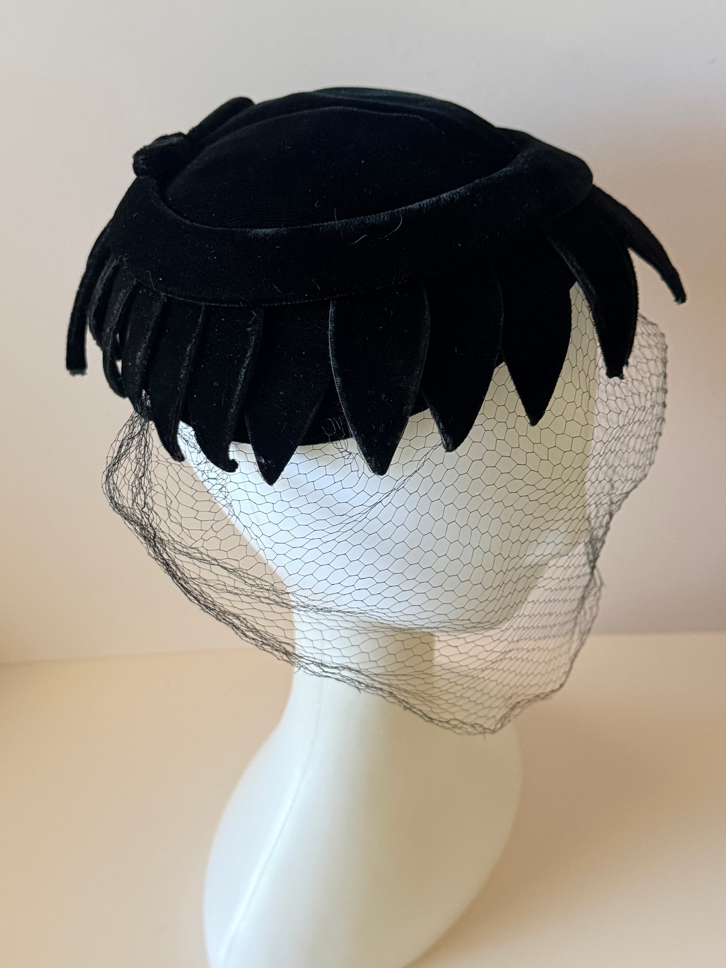 Vintage Black Velvet Veiled Pillbox Hat | 1950s Cocktail Hat | Mid Century Velvet Hat | Birdcage Veil | Rhinestone Accent | Vintage Millinery