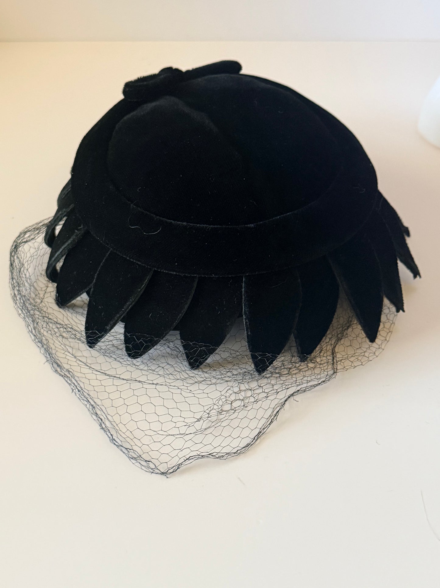 Vintage Black Velvet Veiled Pillbox Hat | 1950s Cocktail Hat | Mid Century Velvet Hat | Birdcage Veil | Rhinestone Accent | Vintage Millinery