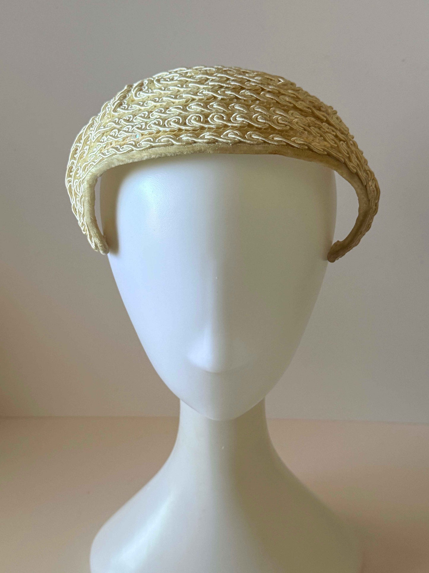 Vintage 1960s Ivory Bridal Half Hat | Veil Ready Beaded Wedding Headpiece | Soutache Sequined Cocktail Hat | Mid Century Bride | Vintage Bridal Hat