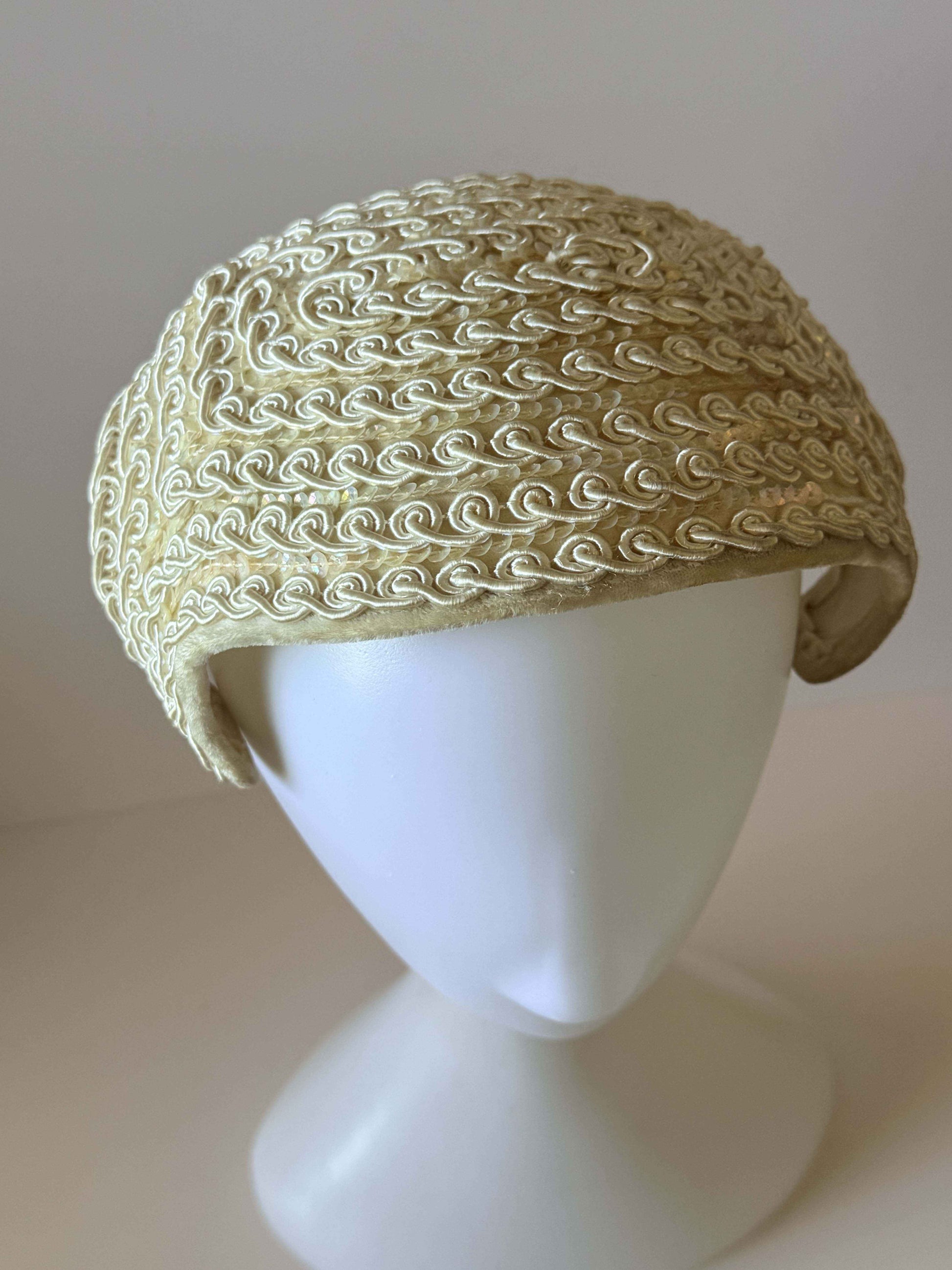 Vintage 1960s Ivory Bridal Half Hat | Veil Ready Beaded Wedding Headpiece | Soutache Sequined Cocktail Hat | Mid Century Bride | Vintage Bridal Hat