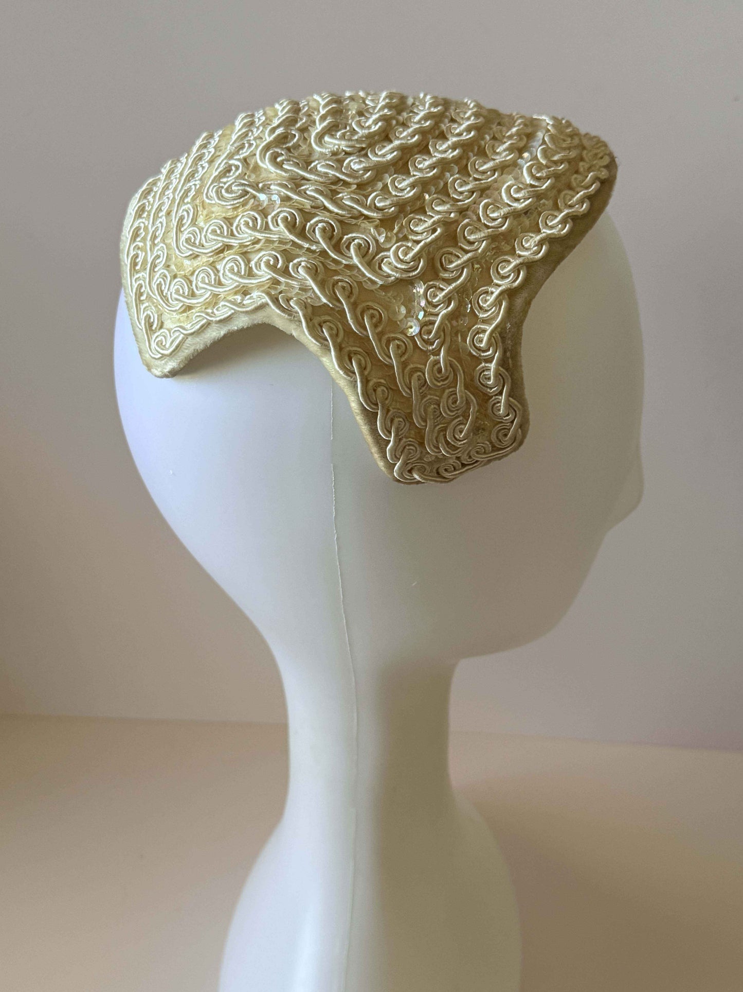 Vintage 1960s Ivory Bridal Half Hat | Veil Ready Beaded Wedding Headpiece | Soutache Sequined Cocktail Hat | Mid Century Bride | Vintage Bridal Hat
