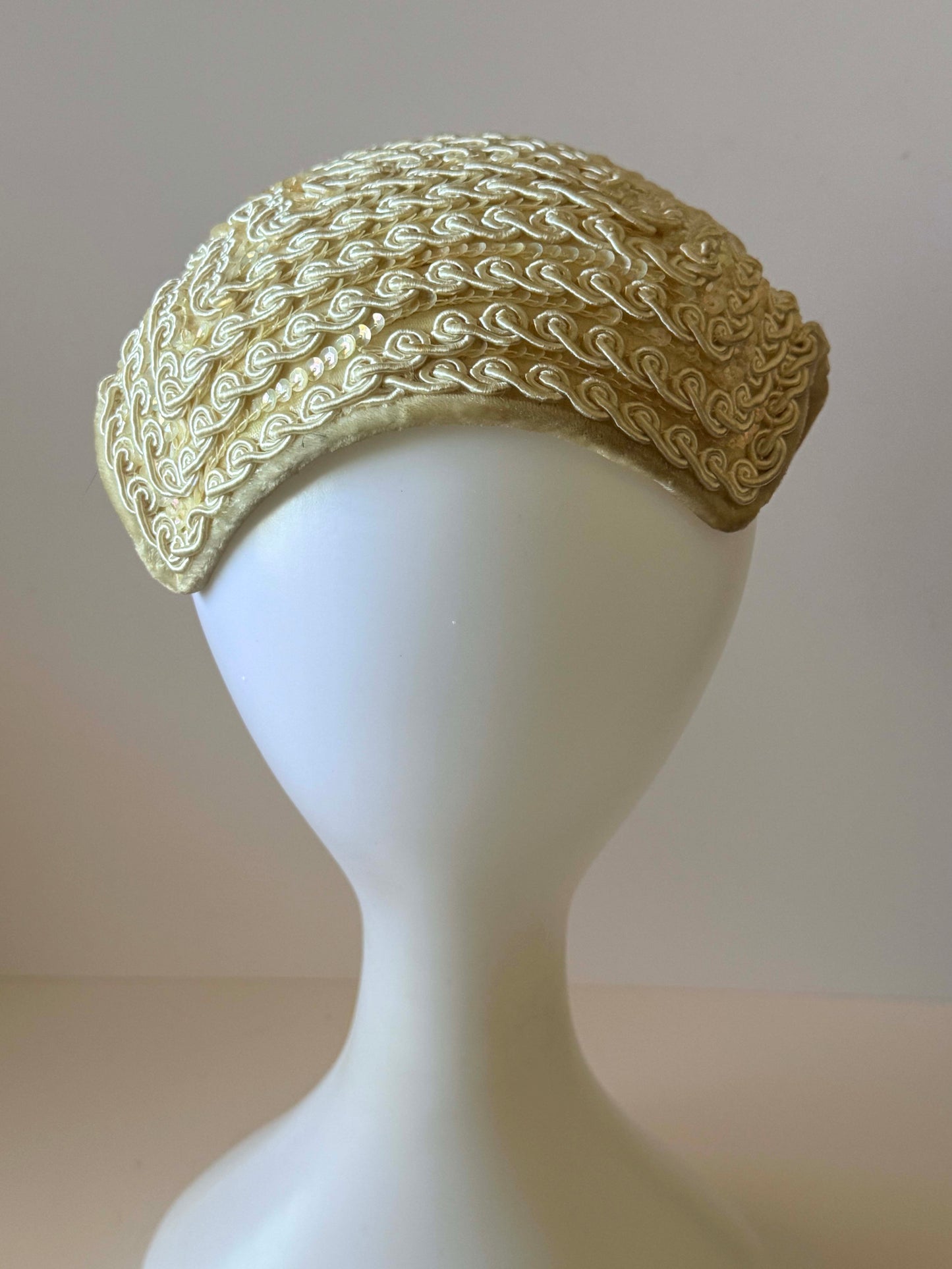 Vintage 1960s Ivory Bridal Half Hat | Veil Ready Beaded Wedding Headpiece | Soutache Sequined Cocktail Hat | Mid Century Bride | Vintage Bridal Hat