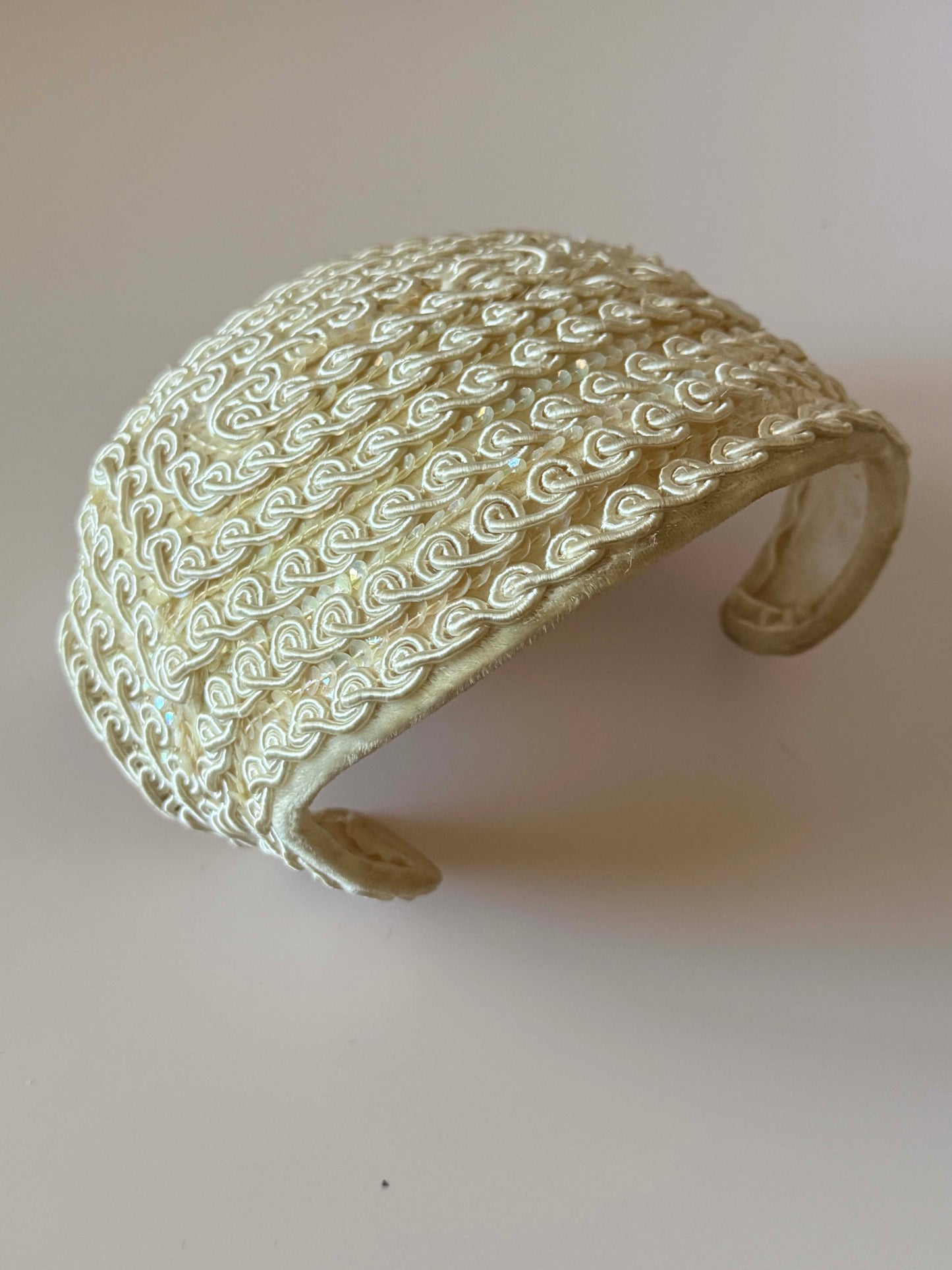 Vintage 1960s Ivory Bridal Half Hat | Veil Ready Beaded Wedding Headpiece | Soutache Sequined Cocktail Hat | Mid Century Bride | Vintage Bridal Hat