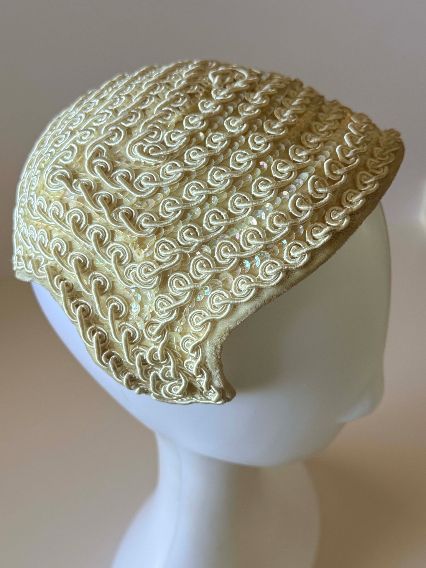 Vintage 1960s Ivory Bridal Half Hat | Veil Ready Beaded Wedding Headpiece | Soutache Sequined Cocktail Hat | Mid Century Bride | Vintage Bridal Hat