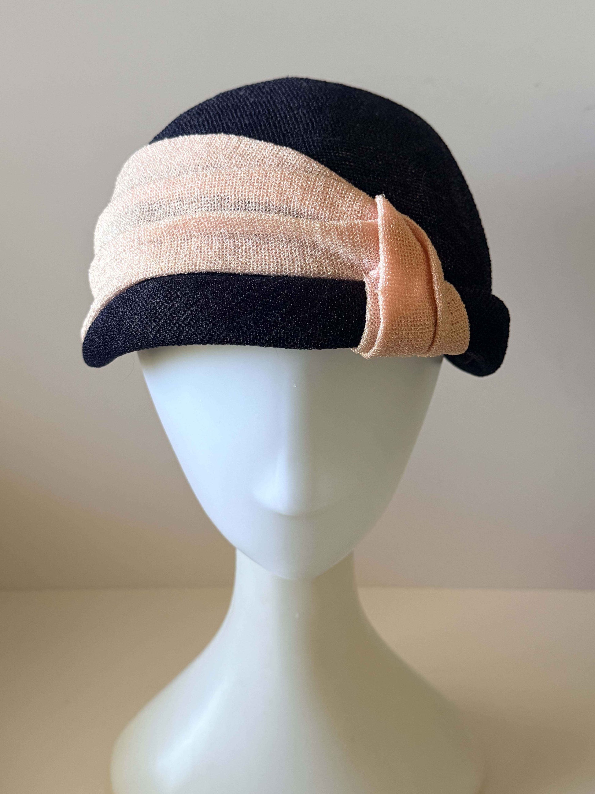 Vintage Navy Blue Straw Cloche Hat | 1960s Navy &amp; Blush Pink Summer Hat | Mid Century Women's Millinery