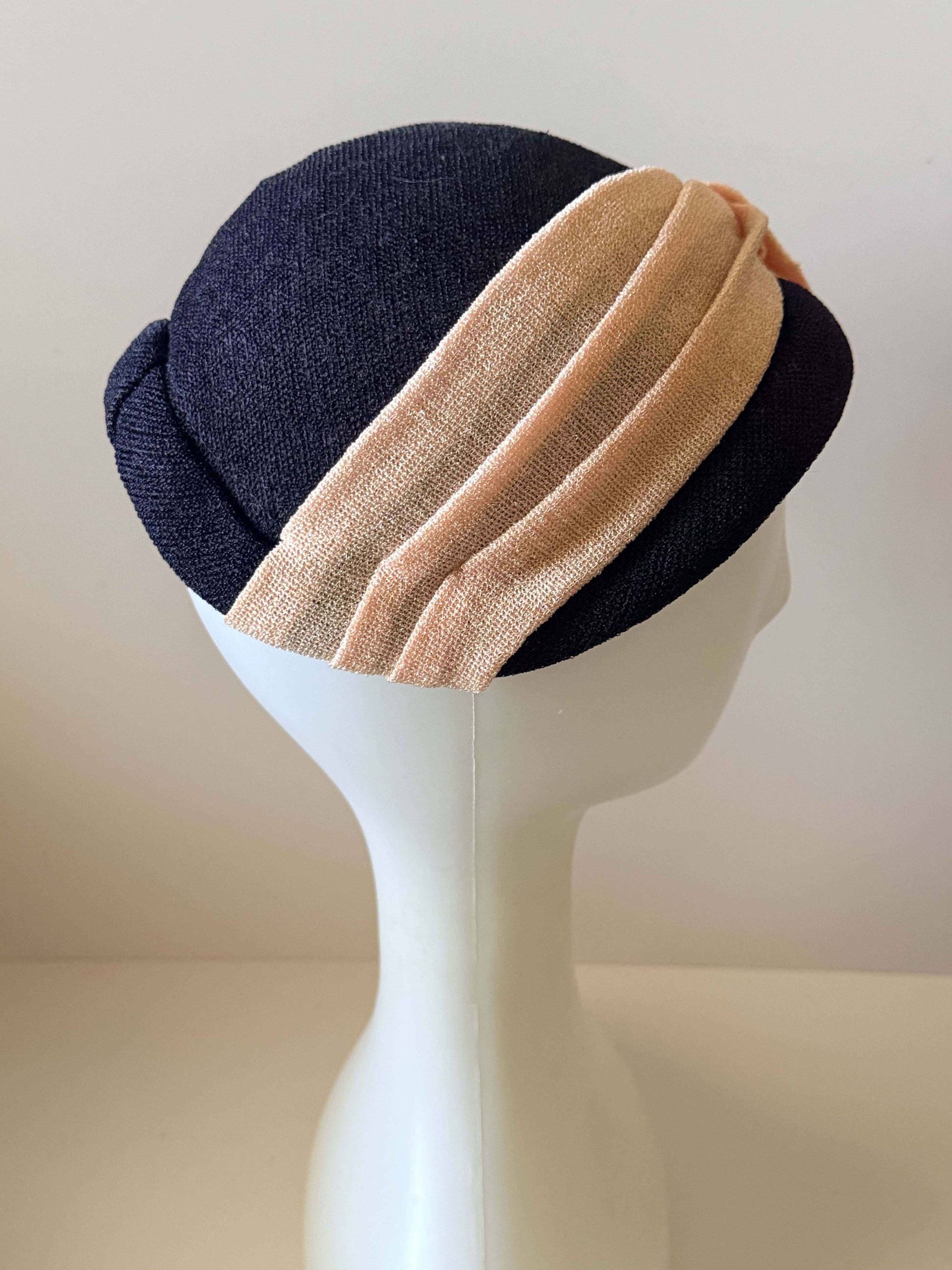 Vintage Navy Blue Straw Cloche Hat | 1960s Navy &amp; Blush Pink Summer Hat | Mid Century Women's Millinery