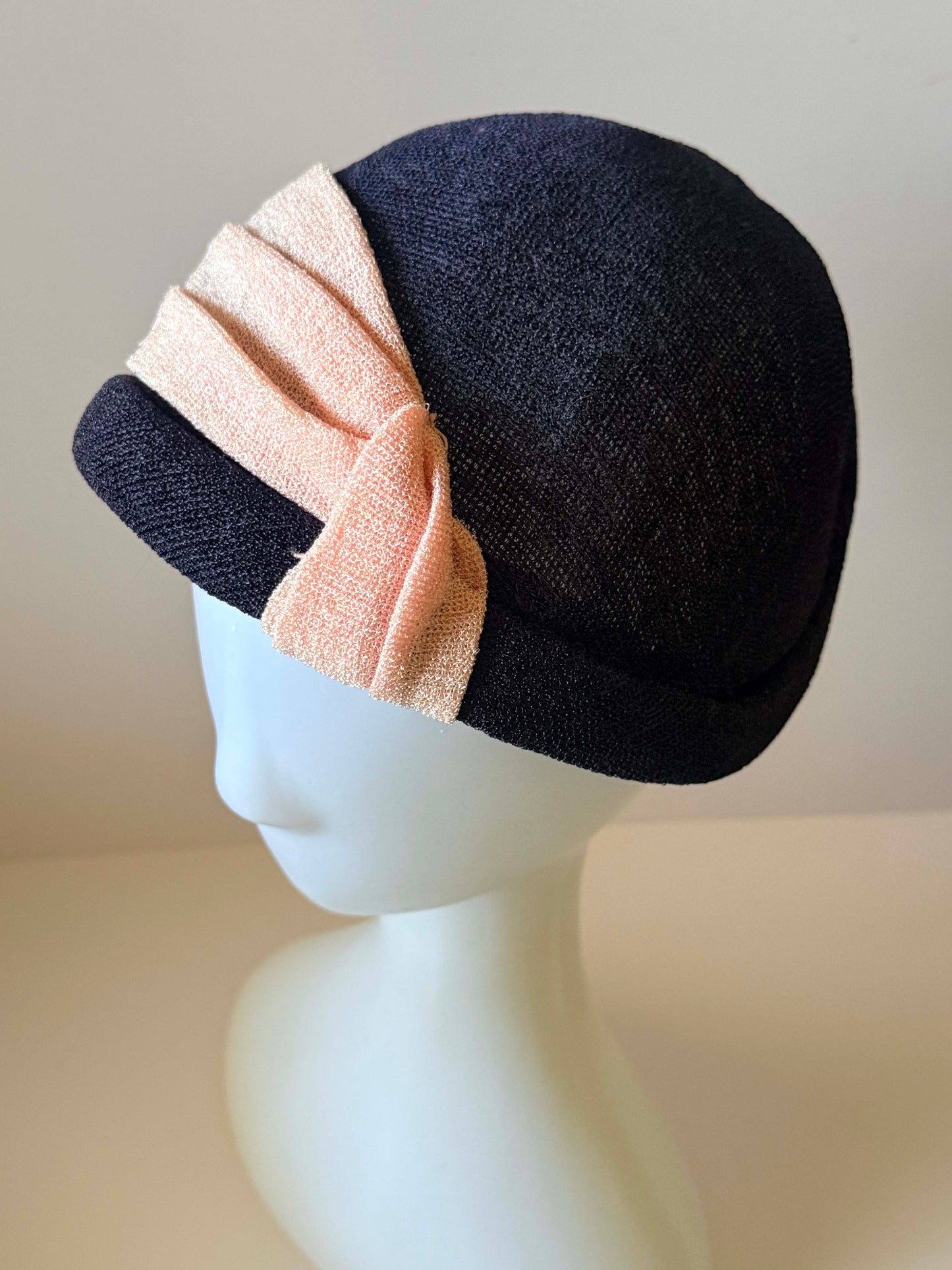 Vintage Navy Blue Straw Cloche Hat | 1960s Navy &amp; Blush Pink Summer Hat | Mid Century Women's Millinery