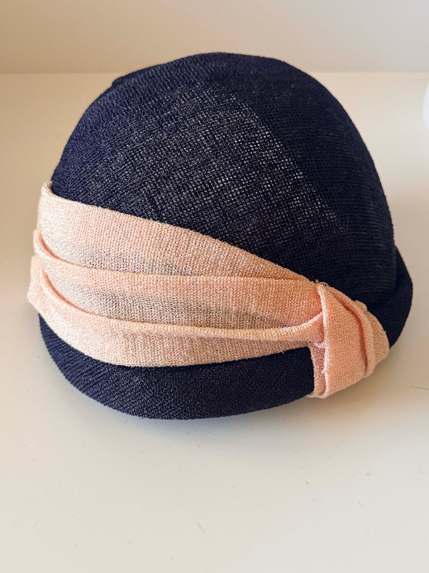 Vintage Navy Blue Straw Cloche Hat | 1960s Navy &amp; Blush Pink Summer Hat | Mid Century Women's Millinery