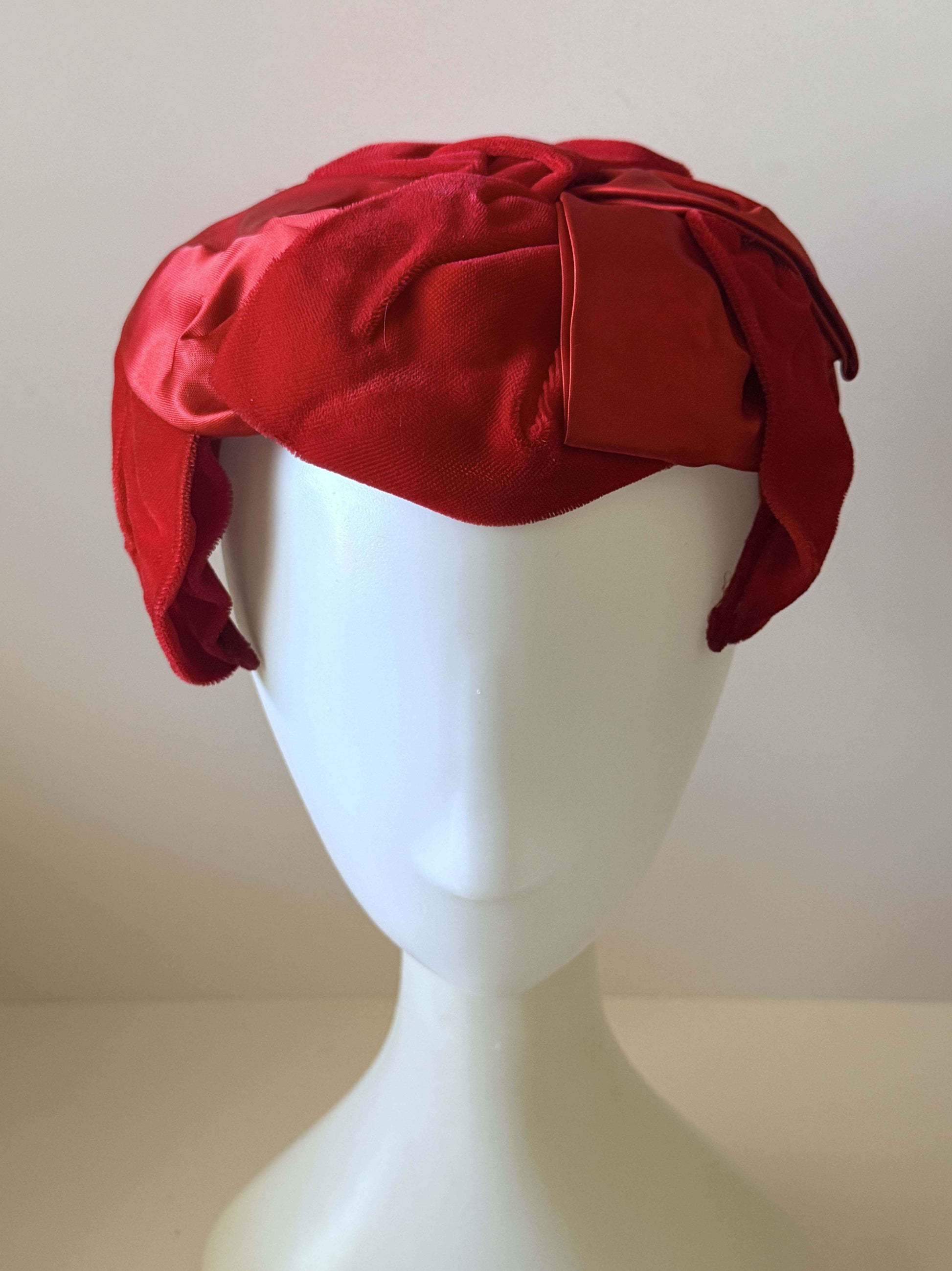 Vintage Red Velvet Satin Cocktail Hat | 1950s Draped Evening Hat | Ruby Red Statement Hat | Mid Century Millinery