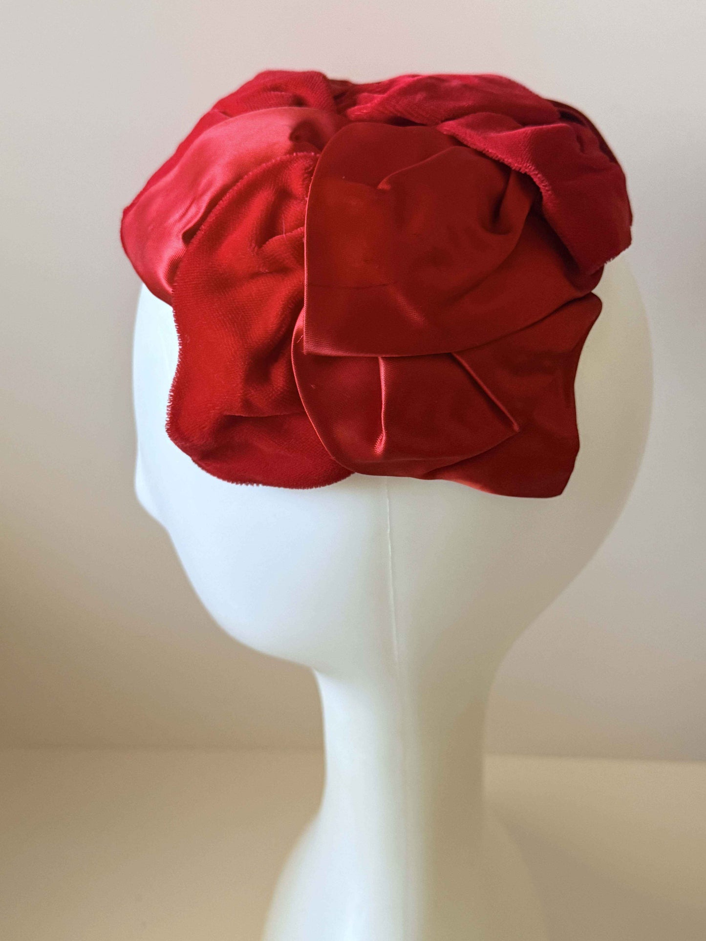 Vintage Red Velvet Satin Cocktail Hat | 1950s Draped Evening Hat | Ruby Red Statement Hat | Mid Century Millinery