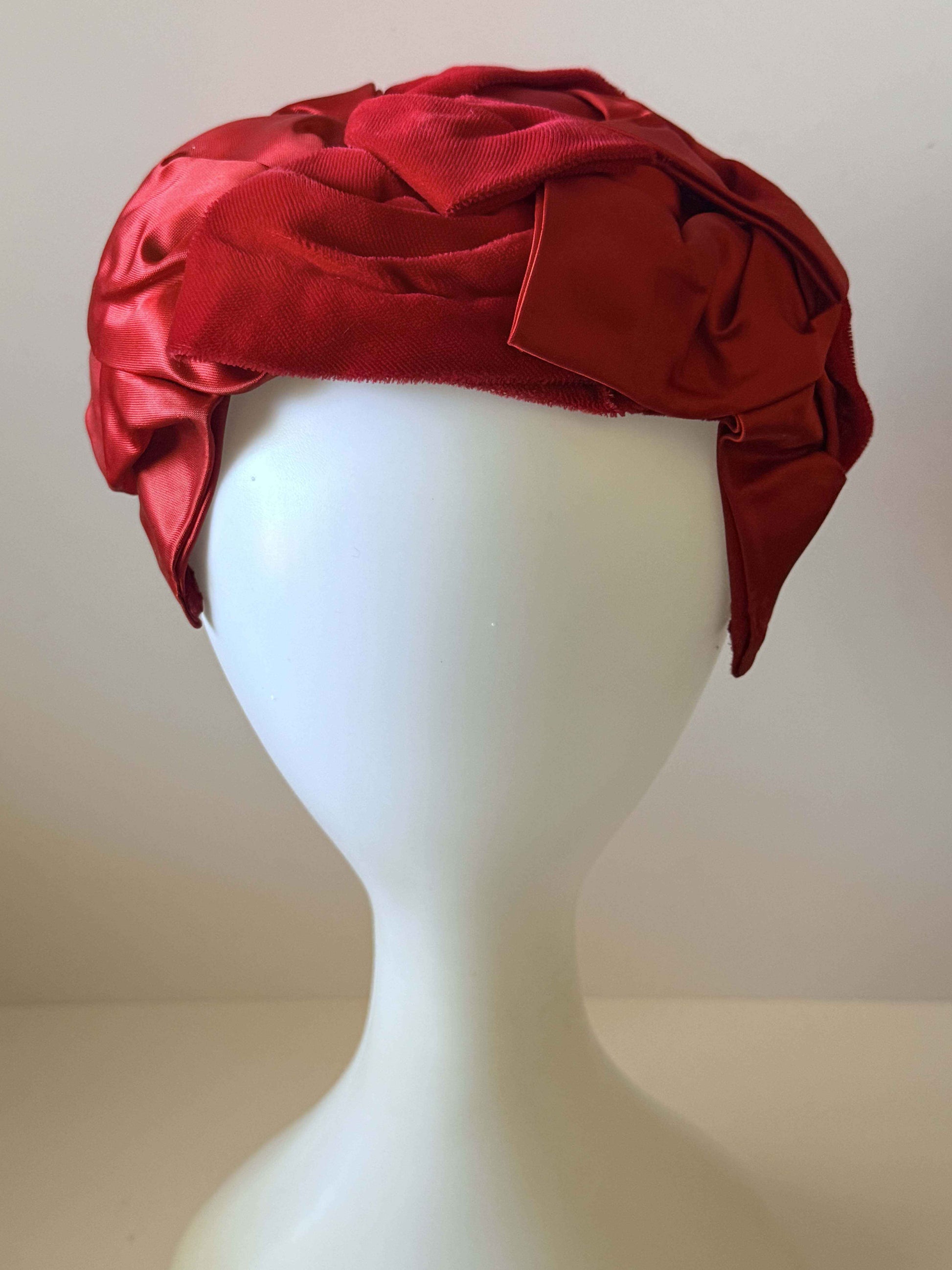 Vintage Red Velvet Satin Cocktail Hat | 1950s Draped Evening Hat | Ruby Red Statement Hat | Mid Century Millinery