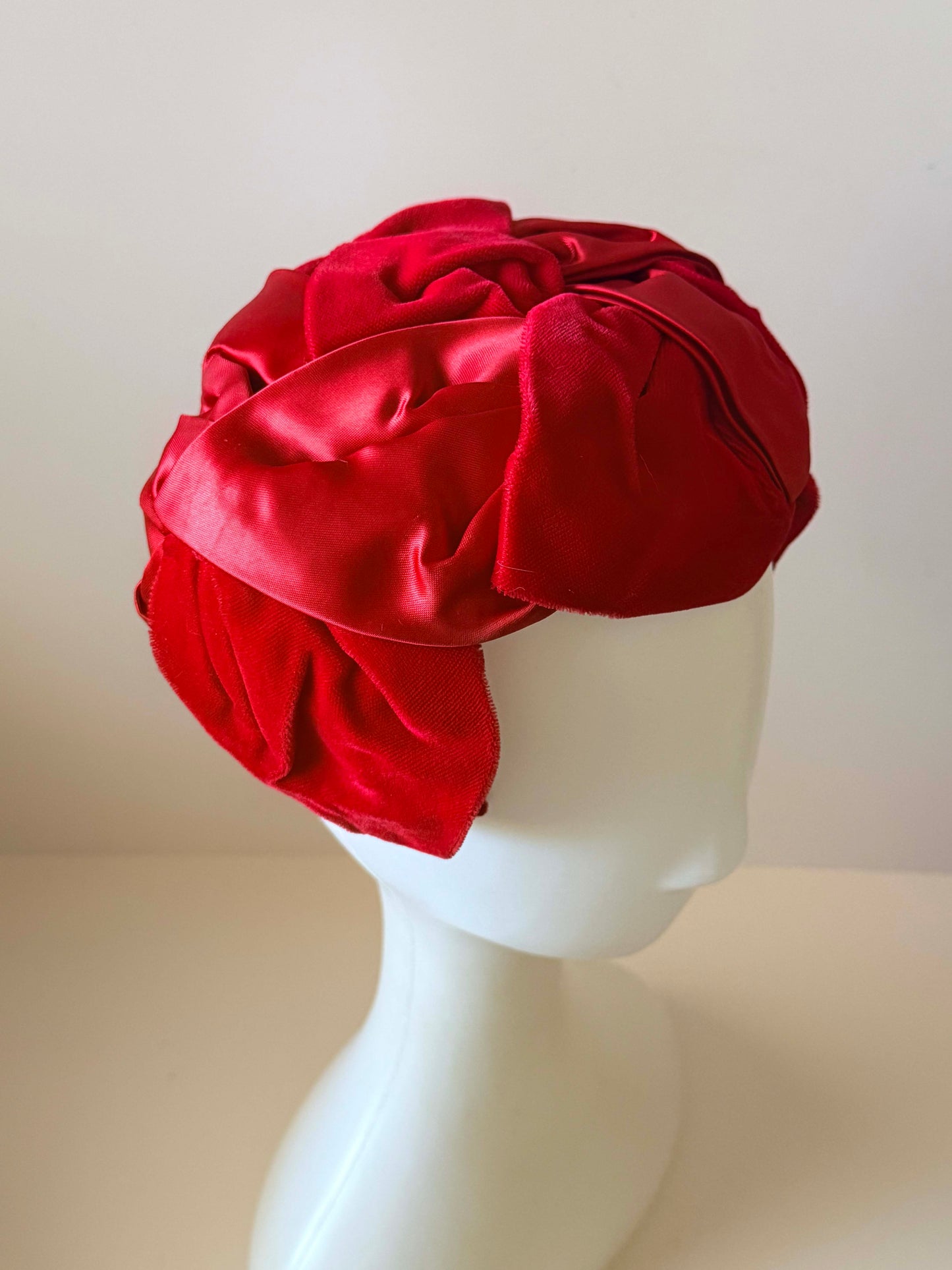 Vintage Red Velvet Satin Cocktail Hat | 1950s Draped Evening Hat | Ruby Red Statement Hat | Mid Century Millinery