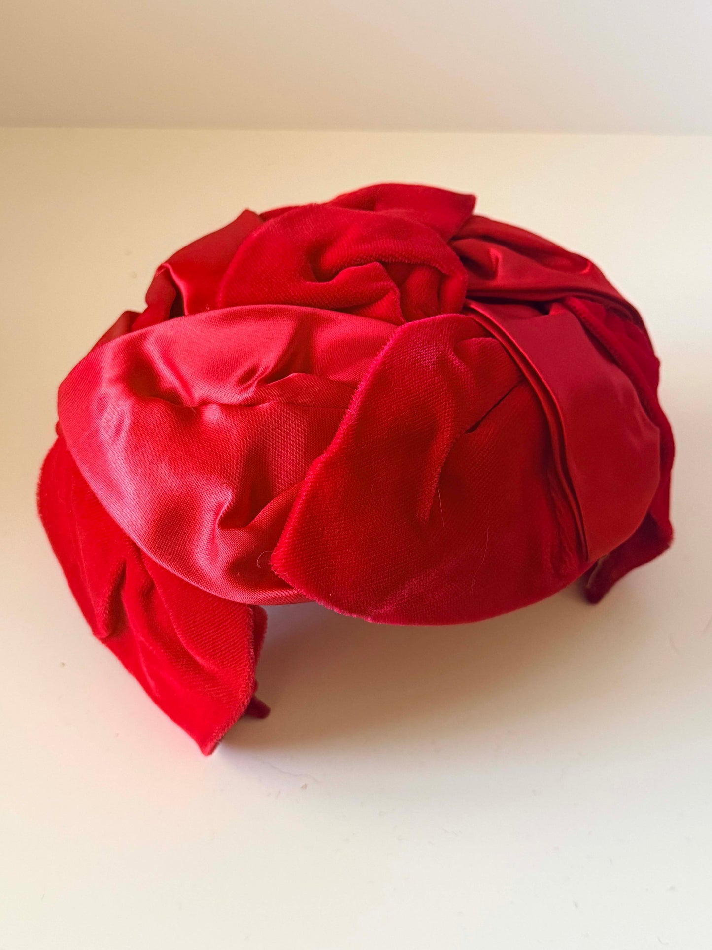 Vintage Red Velvet Satin Cocktail Hat | 1950s Draped Evening Hat | Ruby Red Statement Hat | Mid Century Millinery