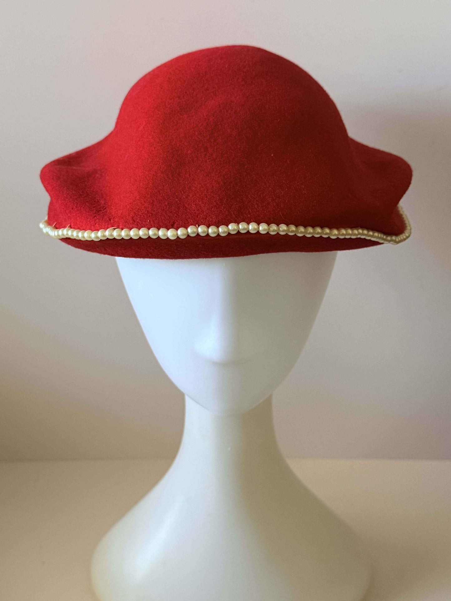 Vintage Red Wool Felt Pillbox Hat | 1960s Pearl Trim Cocktail Hat | Mid Century Red Hat | Classic Millinery