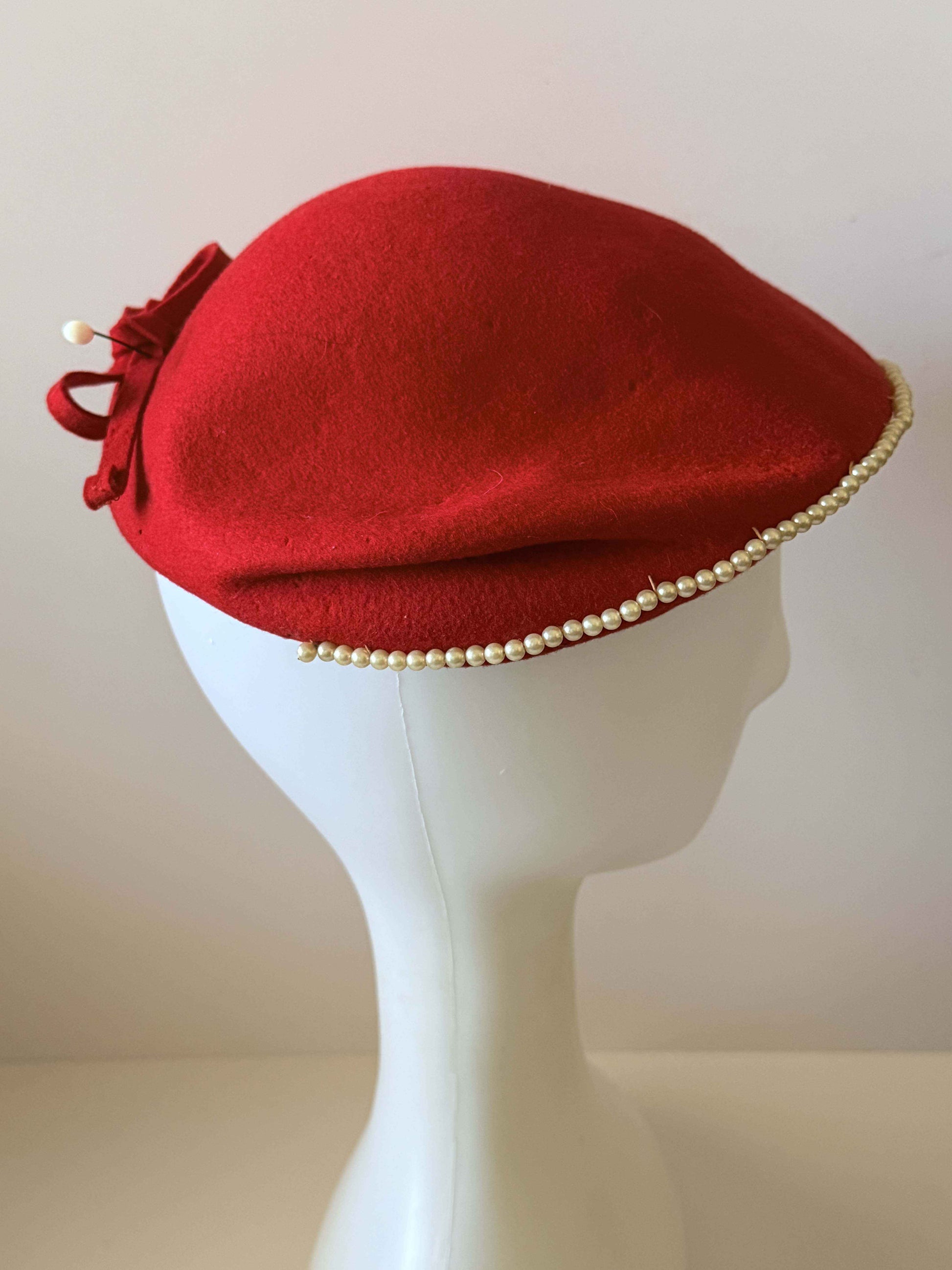 Vintage Red Wool Felt Pillbox Hat | 1960s Pearl Trim Cocktail Hat | Mid Century Red Hat | Classic Millinery