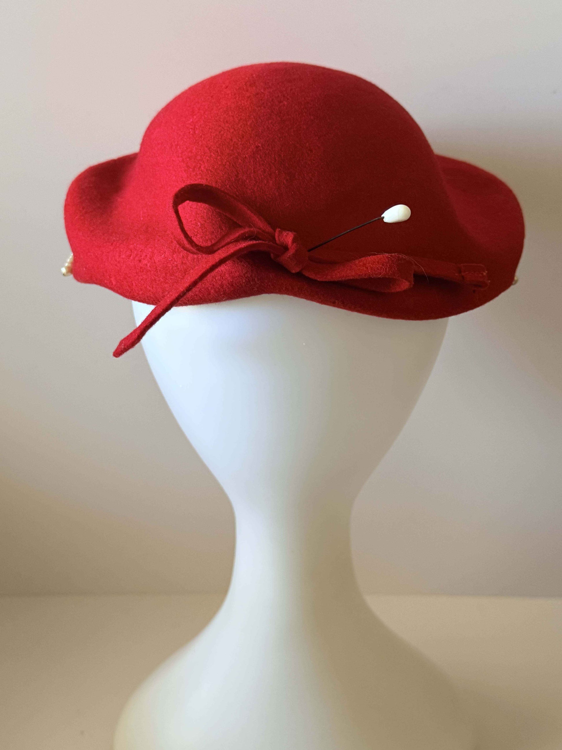 Vintage Red Wool Felt Pillbox Hat | 1960s Pearl Trim Cocktail Hat | Mid Century Red Hat | Classic Millinery