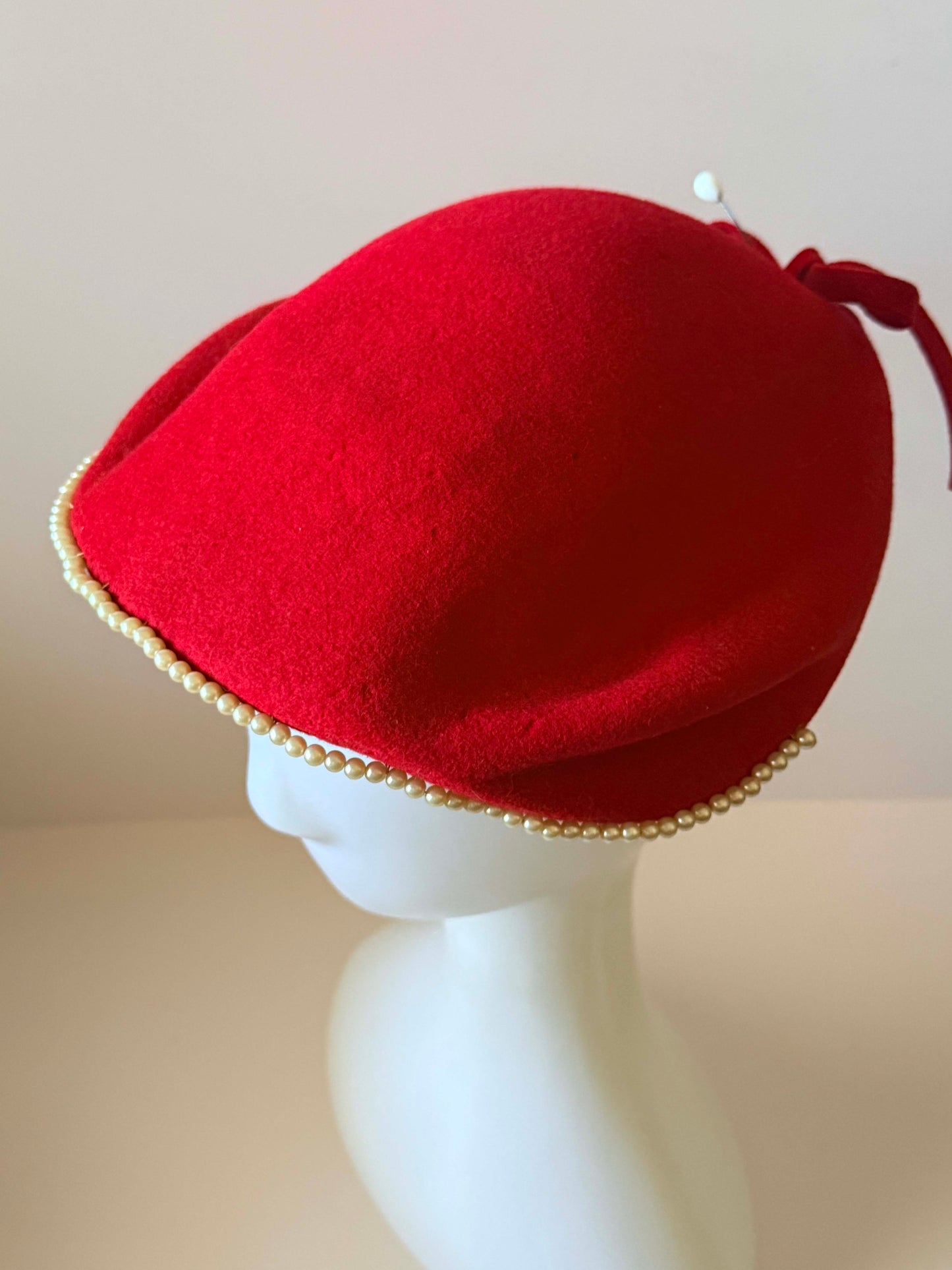 Vintage Red Wool Felt Pillbox Hat | 1960s Pearl Trim Cocktail Hat | Mid Century Red Hat | Classic Millinery