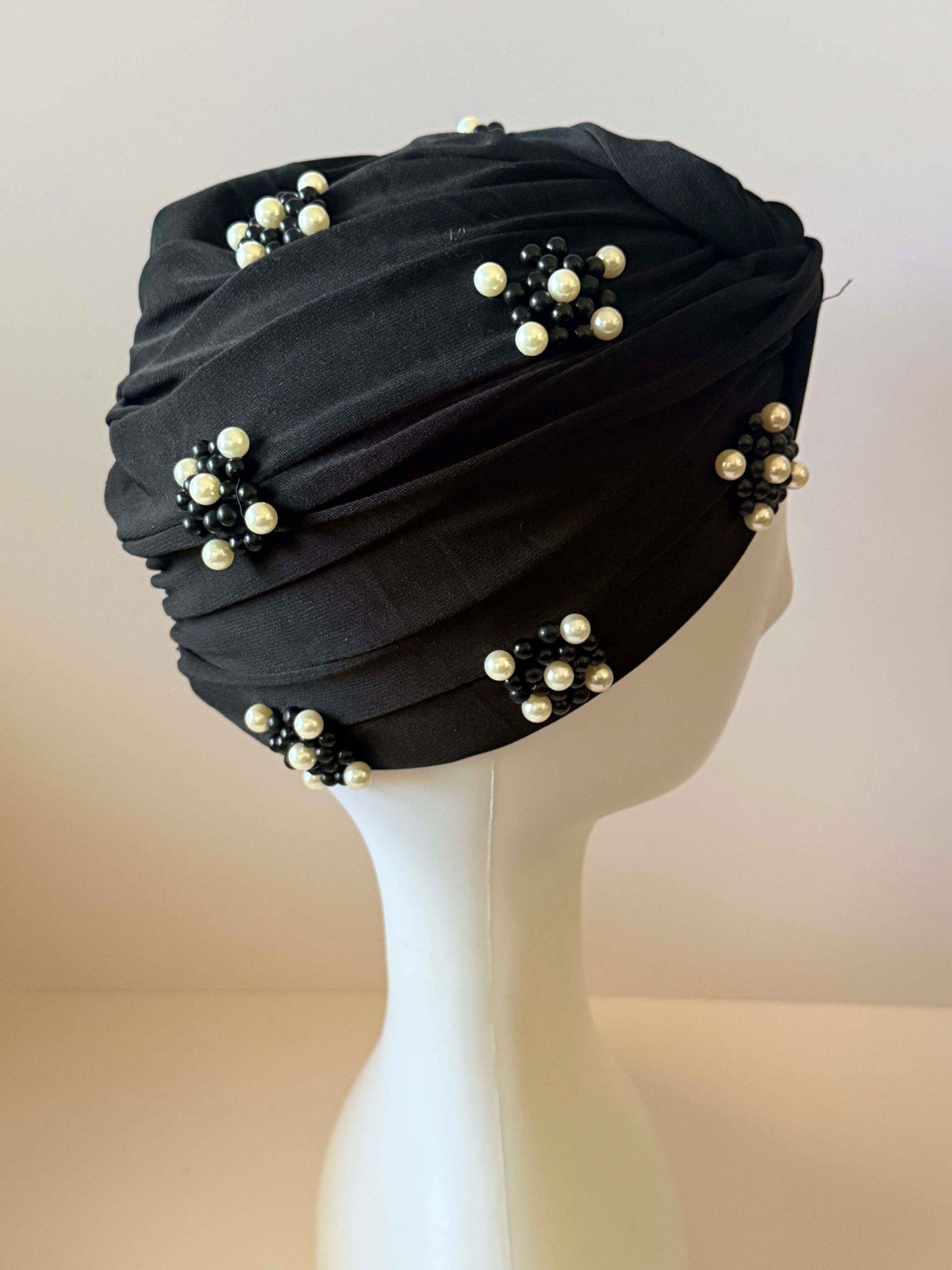 Vintage Black Turban Hat | 1960s Pearl Cocktail Hat | Draped Turban | Black Beaded Vintage Hat | Mid Century Millinery (Copy) (Copy)
