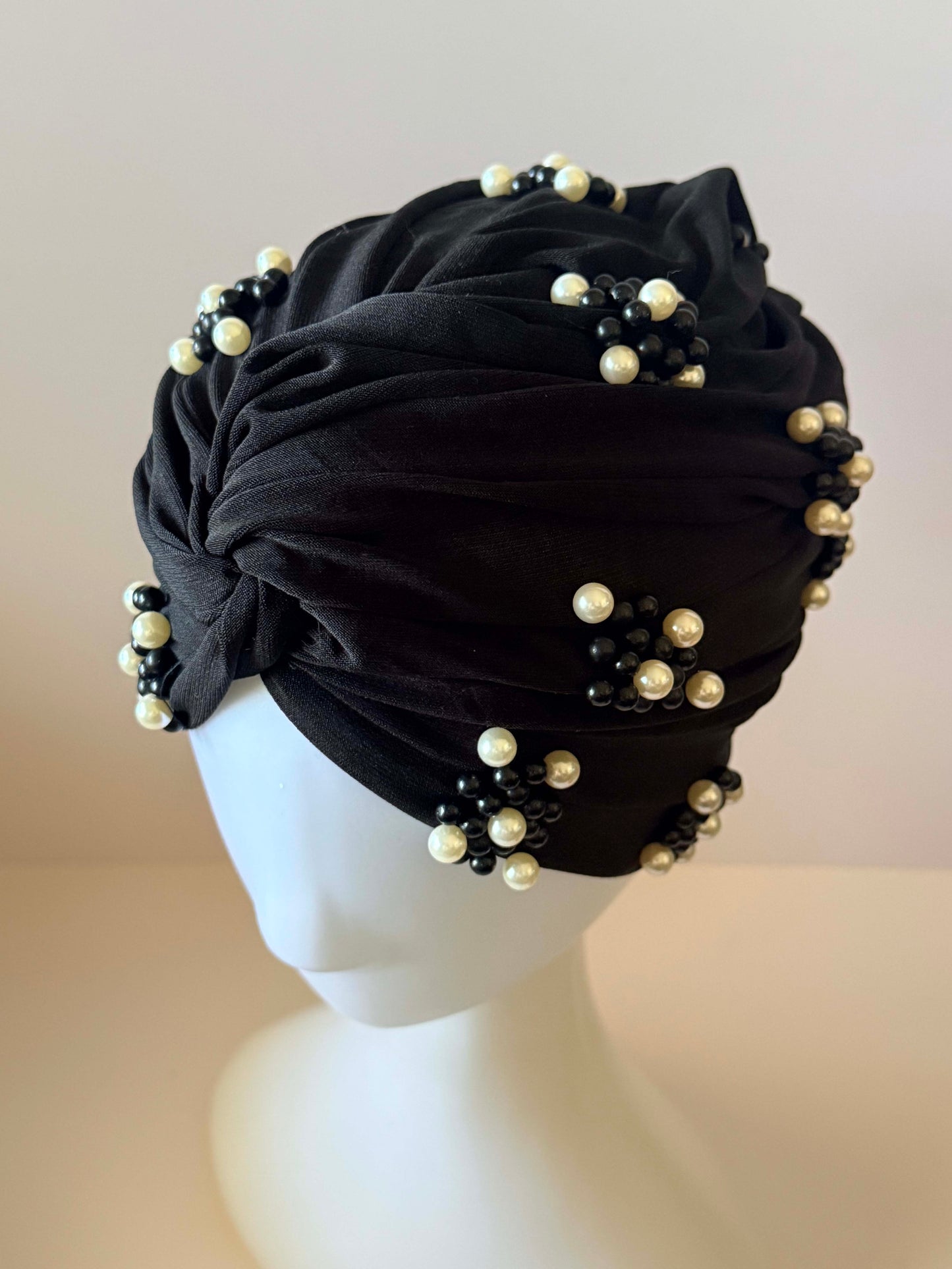 Vintage Black Turban Hat | 1960s Pearl Cocktail Hat | Draped Turban | Black Beaded Vintage Hat | Mid Century Millinery (Copy) (Copy)