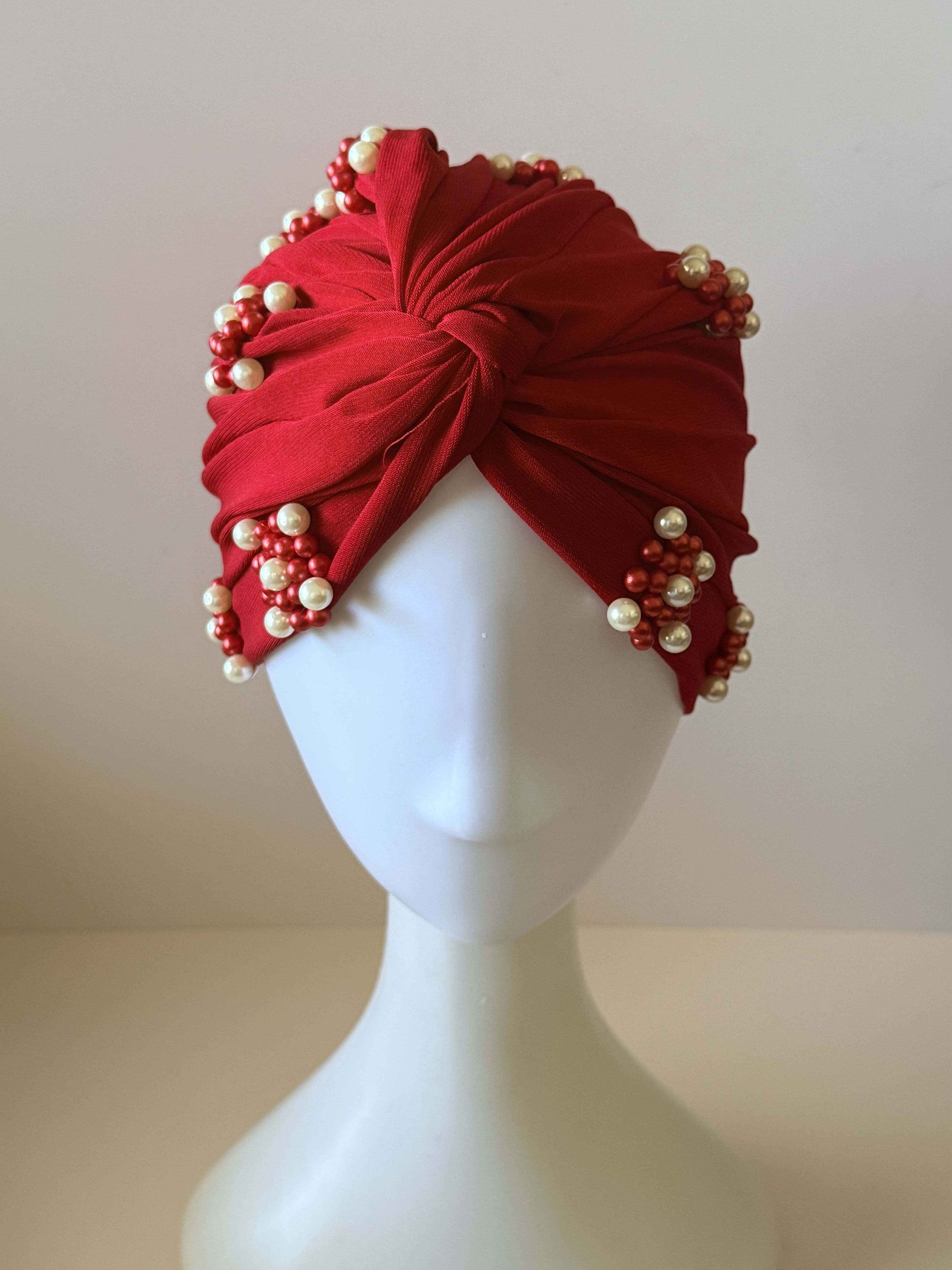 Vintage Red Turban Hat | 1960s Pearl Cocktail Hat | Draped Turban | Red Beaded Vintage Hat | Mid Century Millinery (Copy)