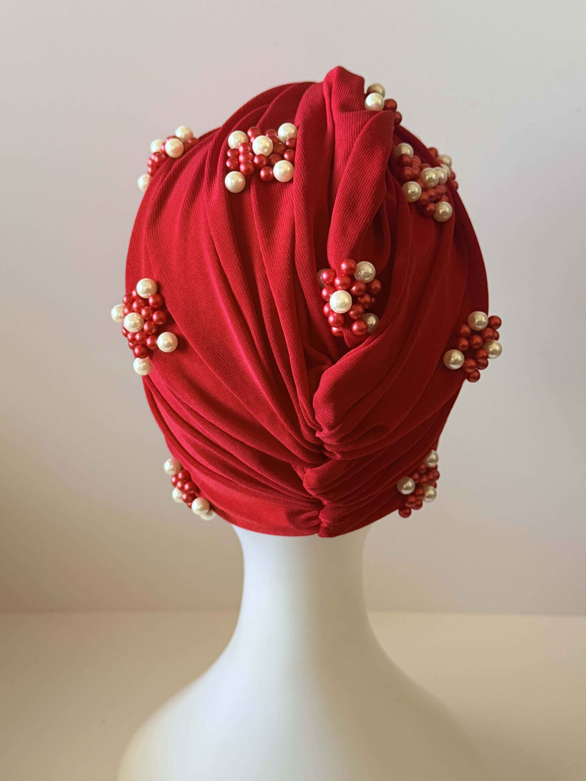 Vintage Red Turban Hat | 1960s Pearl Cocktail Hat | Draped Turban | Red Beaded Vintage Hat | Mid Century Millinery (Copy)