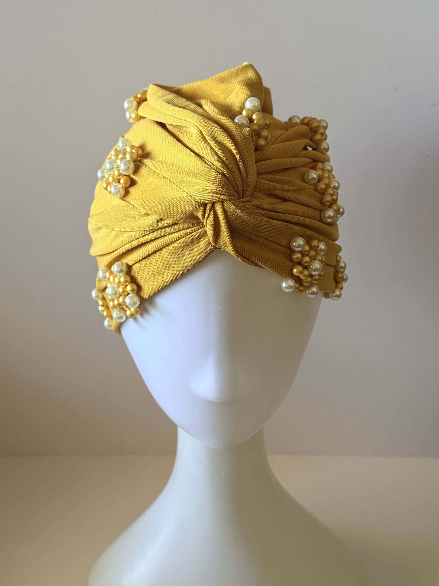 Vintage Mustard Gold Turban Hat | 1960s Pearl Cocktail Hat | Draped Turban | Gold Beaded Vintage Hat | Mid Century Millinery