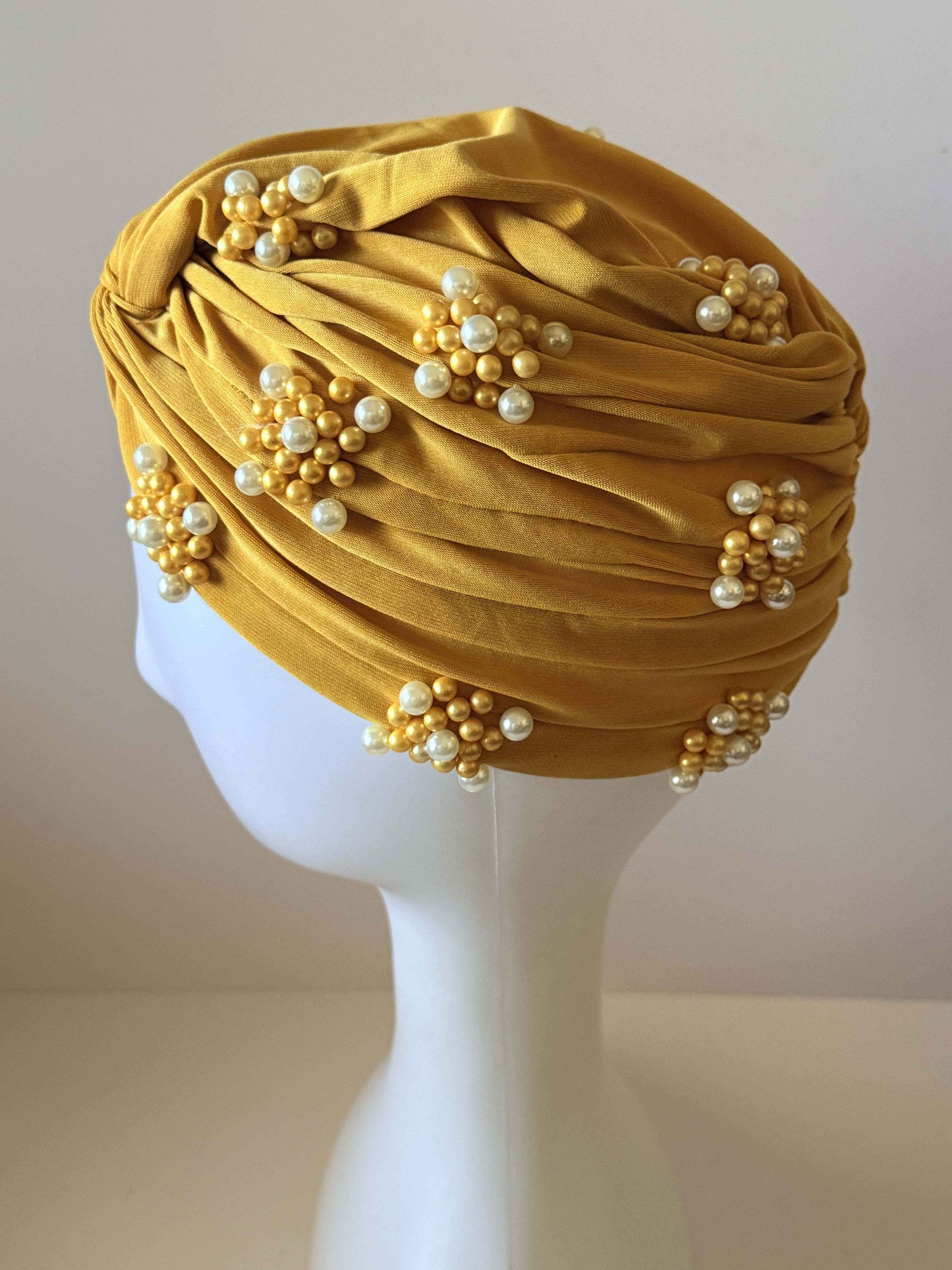 Vintage Mustard Gold Turban Hat | 1960s Pearl Cocktail Hat | Draped Turban | Gold Beaded Vintage Hat | Mid Century Millinery