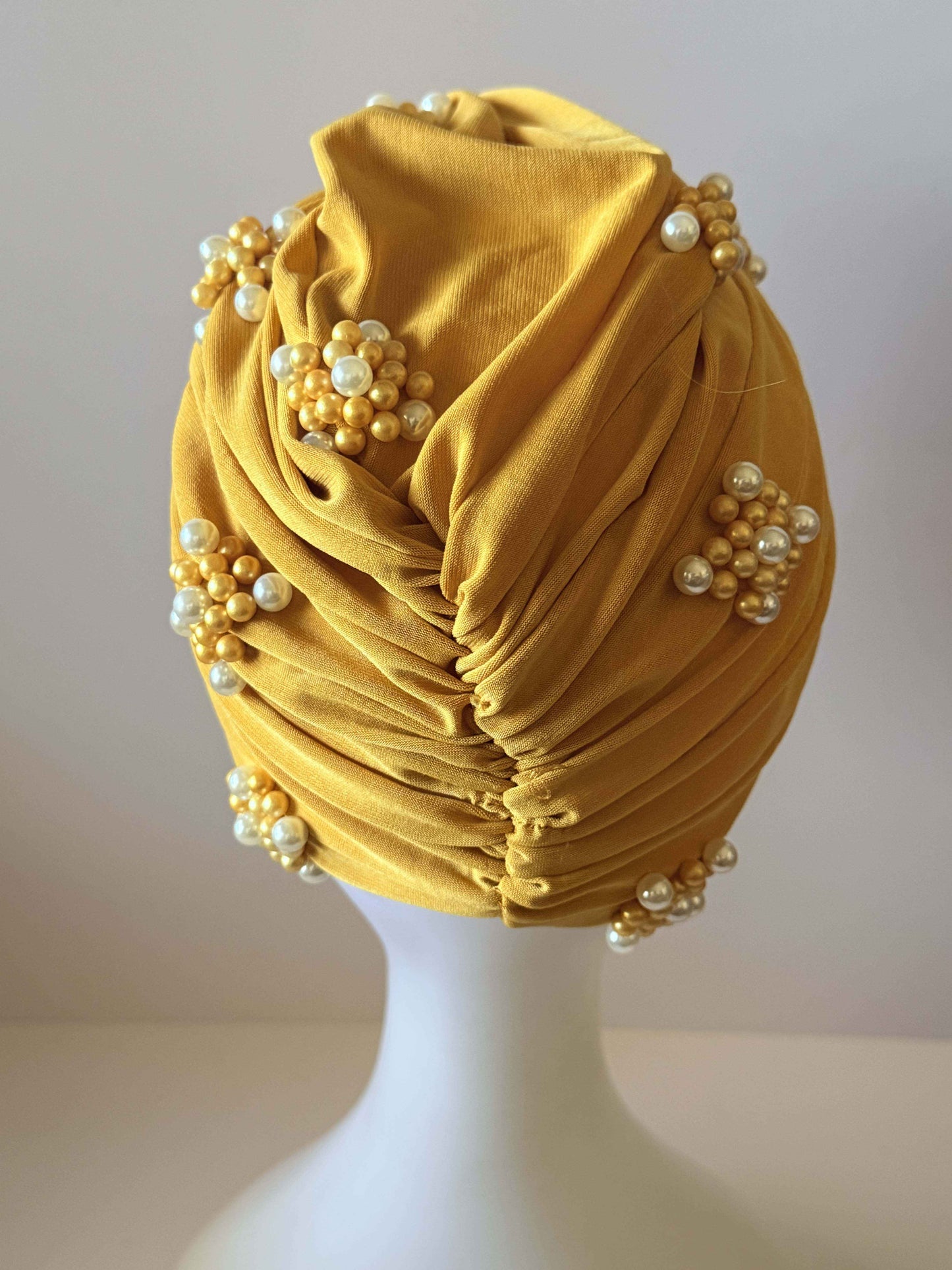 Vintage Mustard Gold Turban Hat | 1960s Pearl Cocktail Hat | Draped Turban | Gold Beaded Vintage Hat | Mid Century Millinery