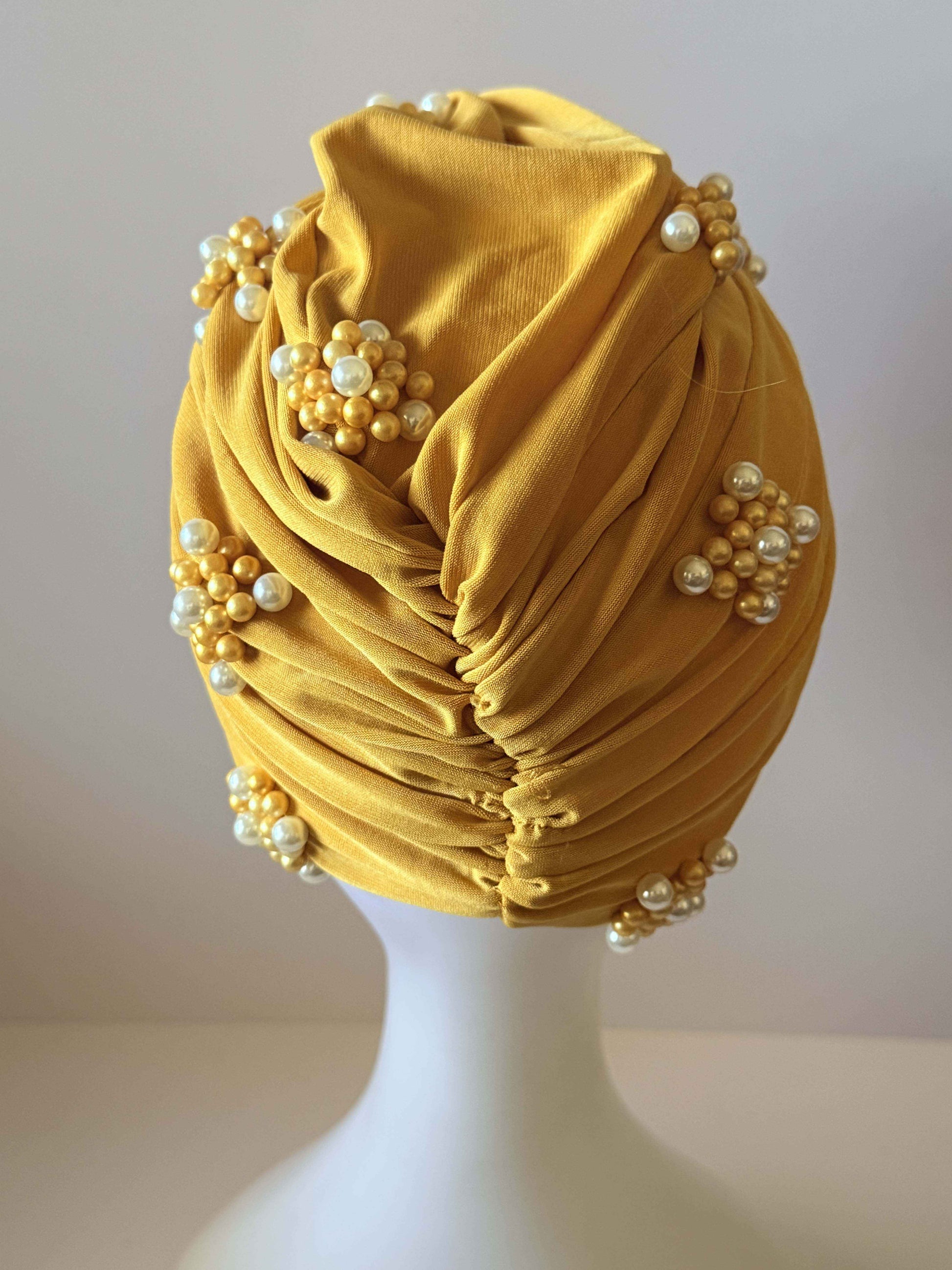 Vintage Mustard Gold Turban Hat | 1960s Pearl Cocktail Hat | Draped Turban | Gold Beaded Vintage Hat | Mid Century Millinery