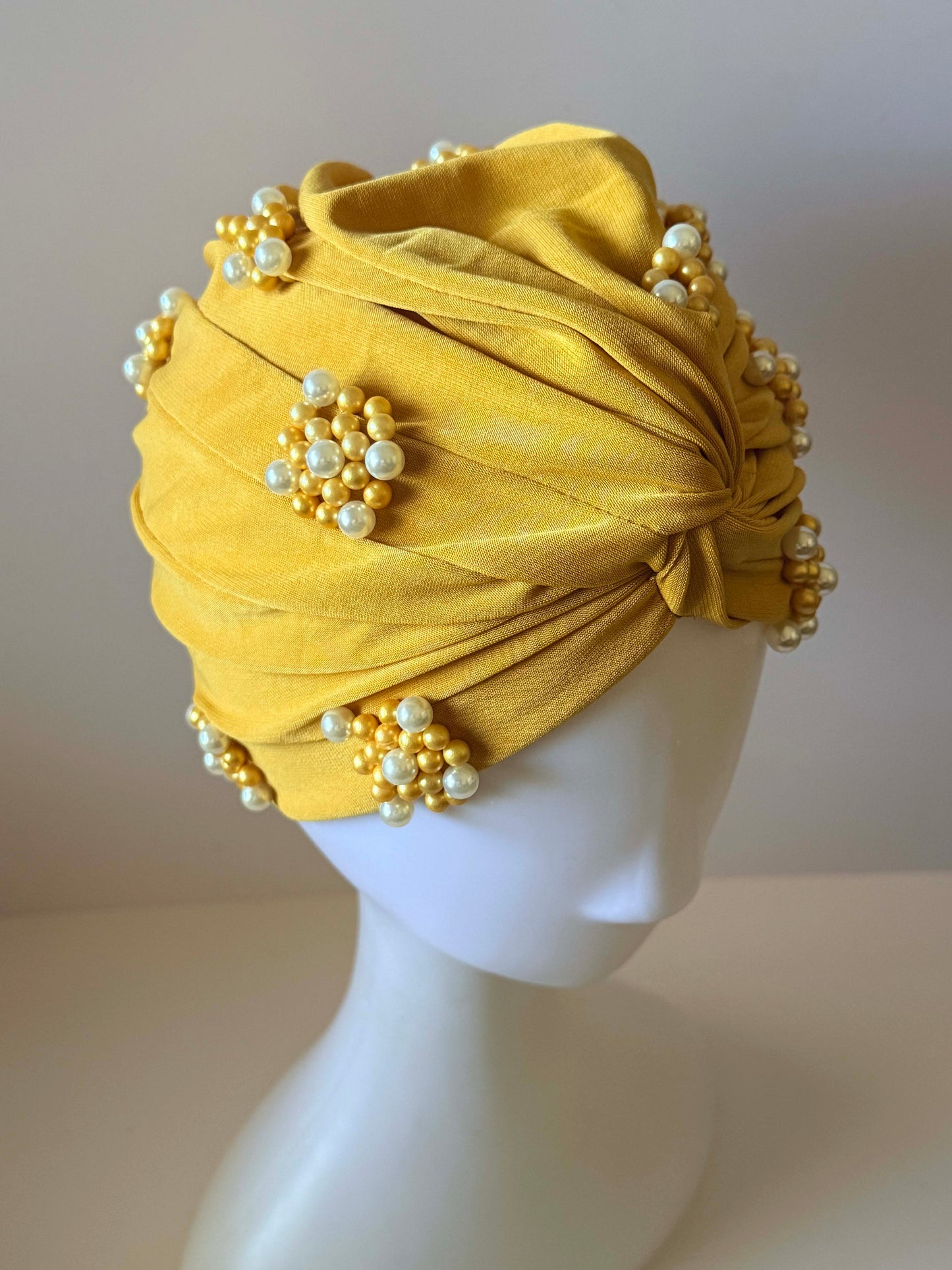 Vintage Mustard Gold Turban Hat | 1960s Pearl Cocktail Hat | Draped Turban | Gold Beaded Vintage Hat | Mid Century Millinery