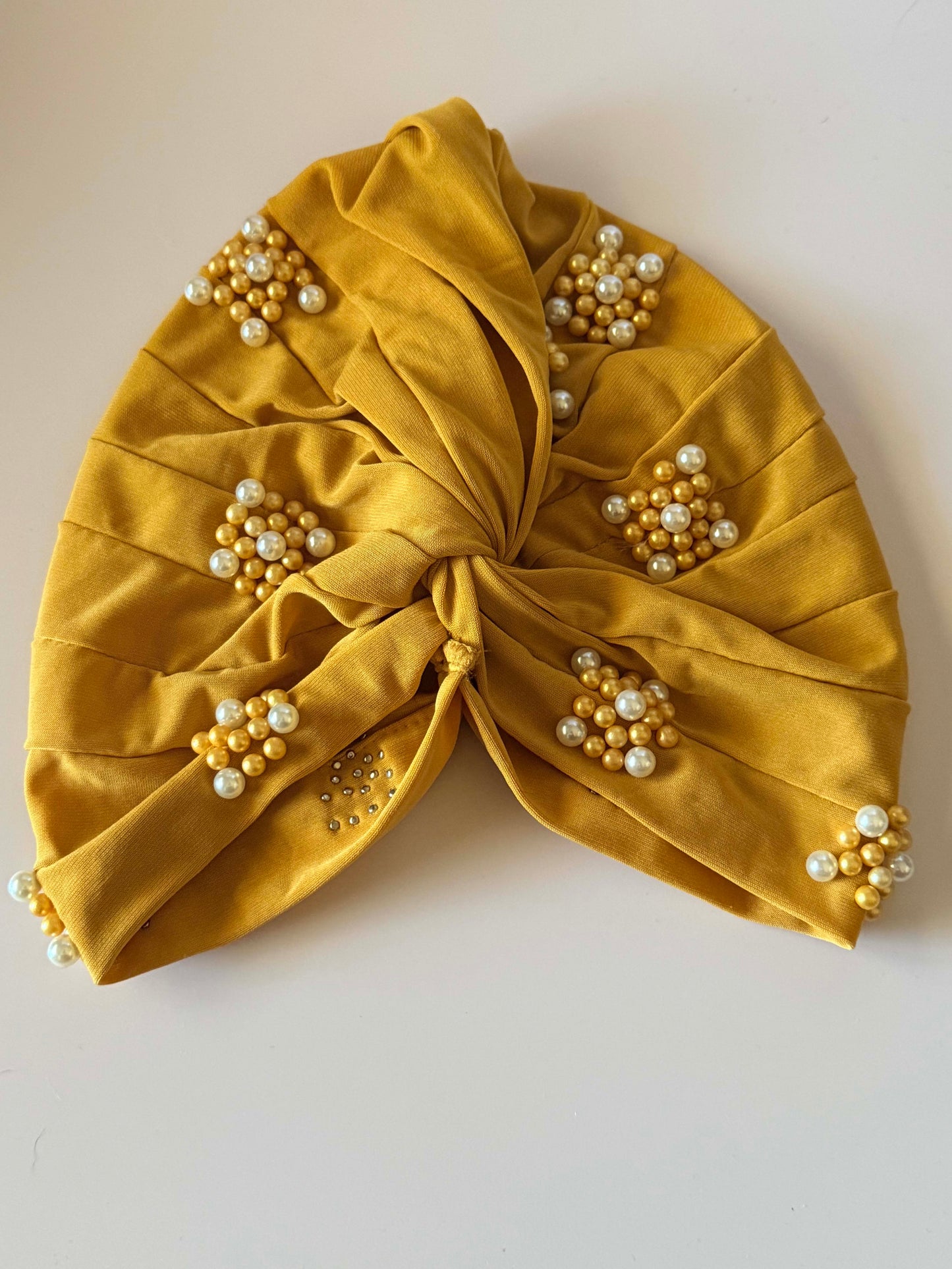 Vintage Mustard Gold Turban Hat | 1960s Pearl Cocktail Hat | Draped Turban | Gold Beaded Vintage Hat | Mid Century Millinery