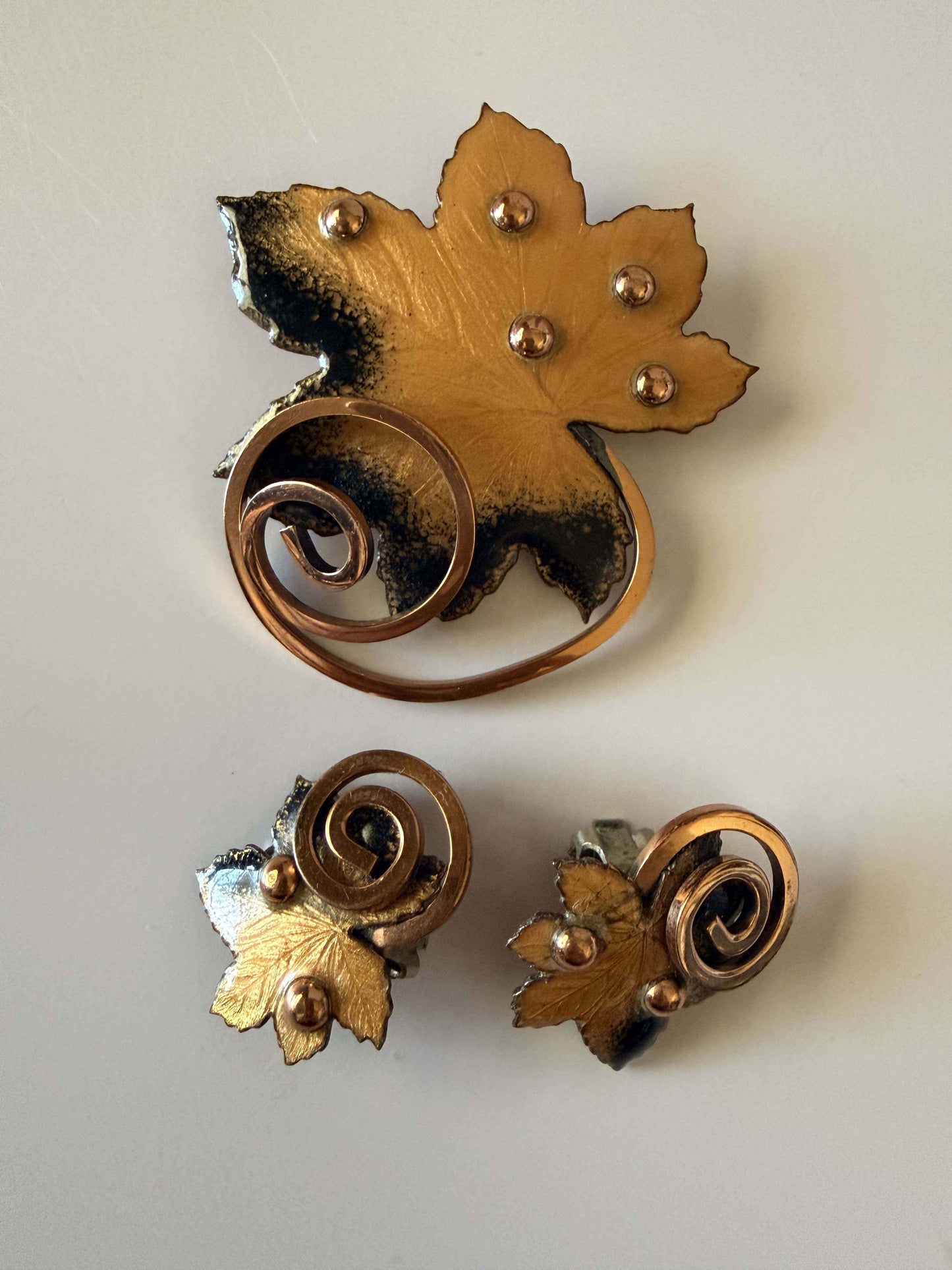 Vintage Matisse Renoir Copper Leaf Brooch & Clip Earrings Set | Mid Century Modern Jewelry | Enamel Maple Leaf Demi Parure | Signed