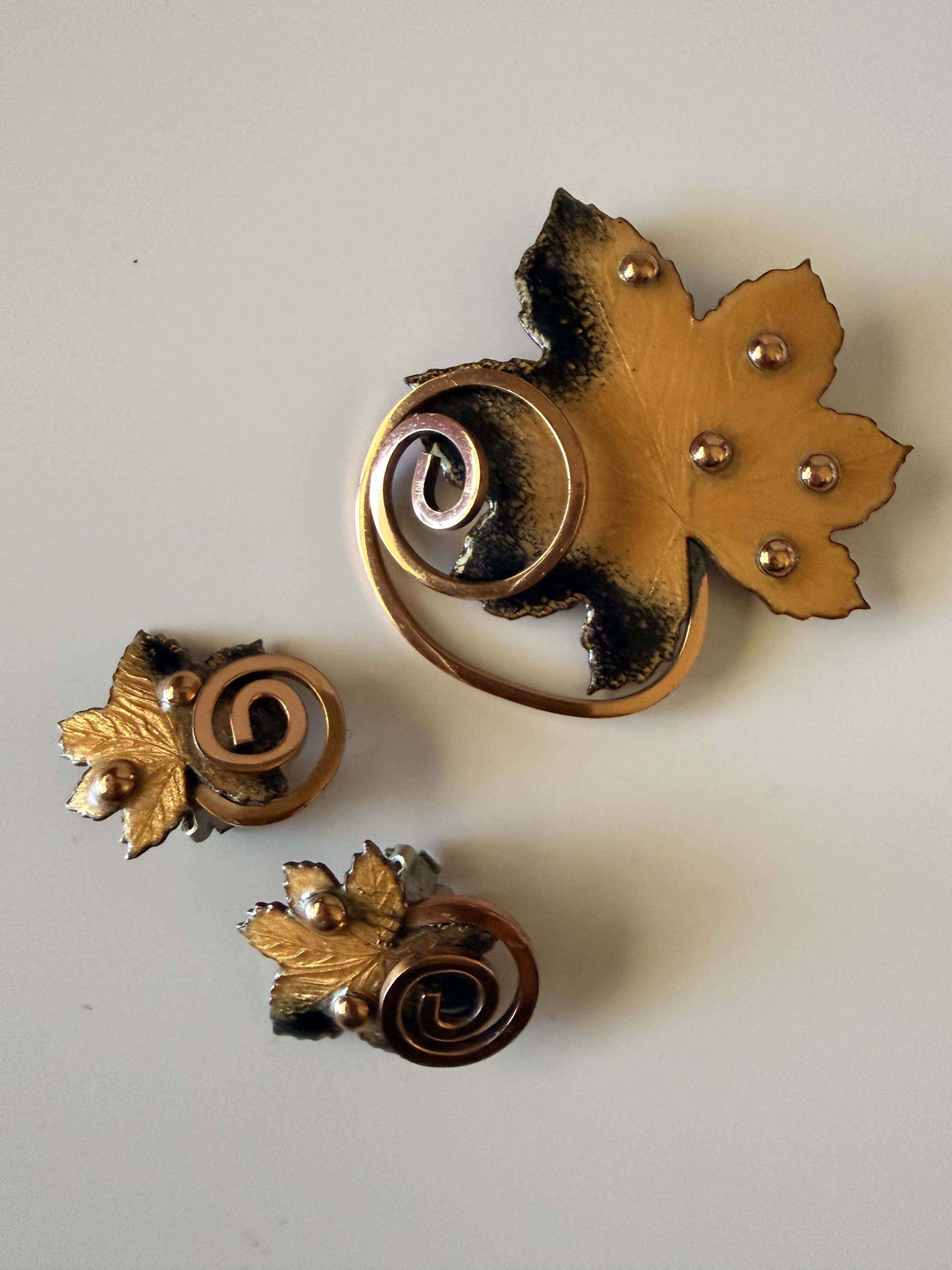 Vintage Matisse Renoir Copper Leaf Brooch & Clip Earrings Set | Mid Century Modern Jewelry | Enamel Maple Leaf Demi Parure | Signed