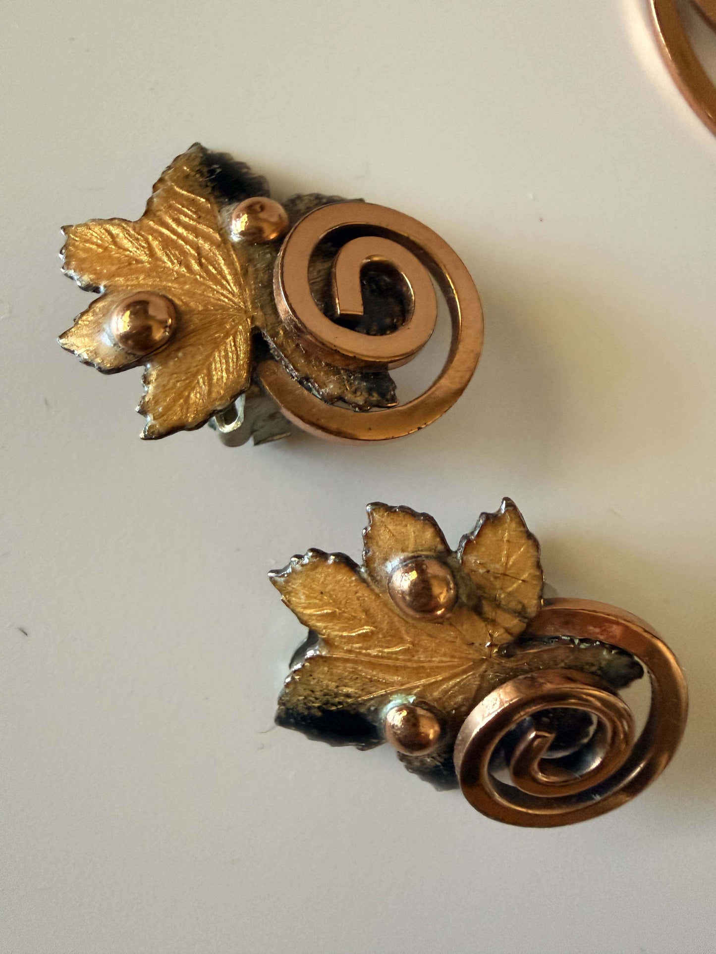 Vintage Matisse Renoir Copper Leaf Brooch & Clip Earrings Set | Mid Century Modern Jewelry | Enamel Maple Leaf Demi Parure | Signed