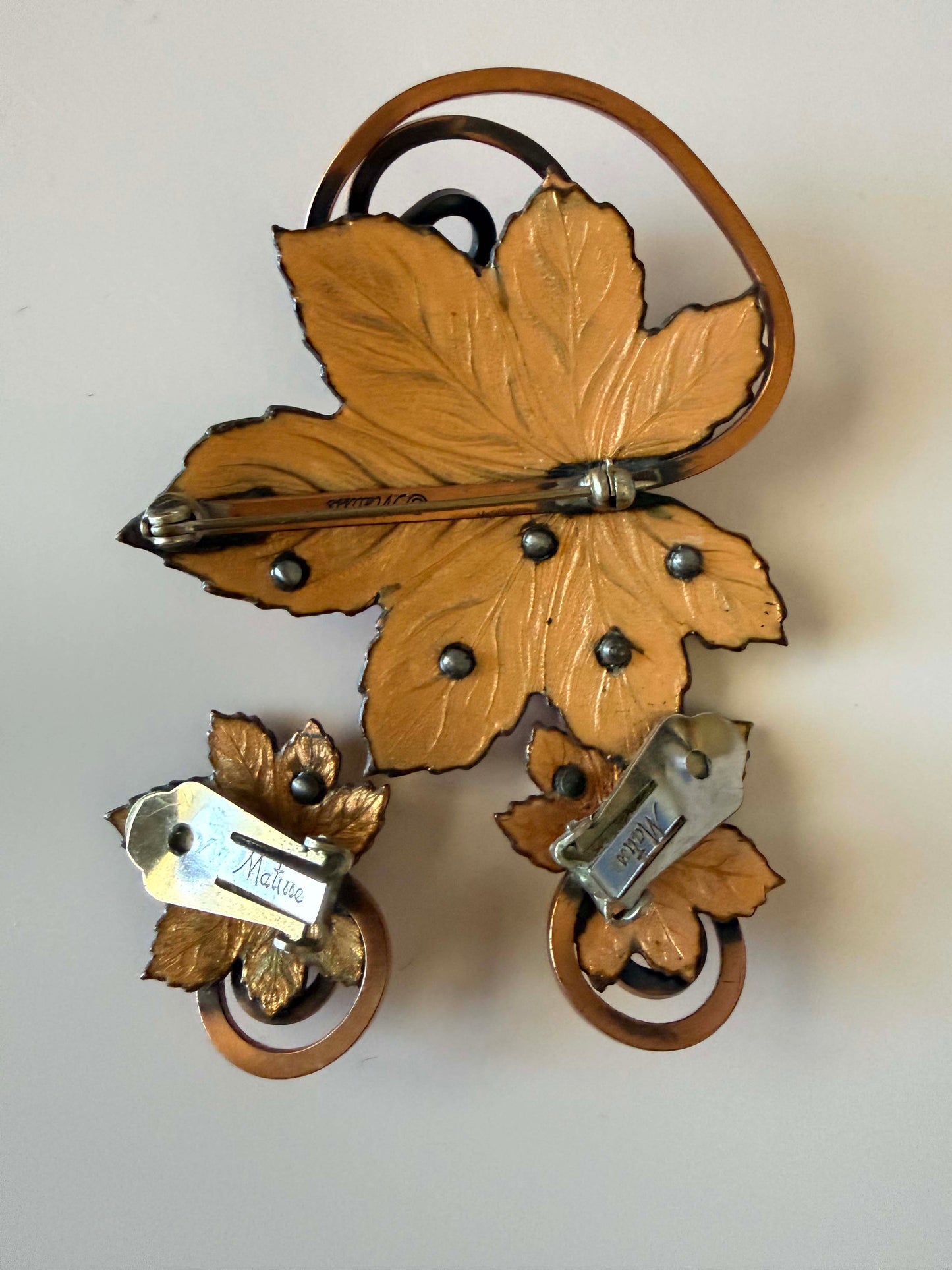 Vintage Matisse Renoir Copper Leaf Brooch & Clip Earrings Set | Mid Century Modern Jewelry | Enamel Maple Leaf Demi Parure | Signed