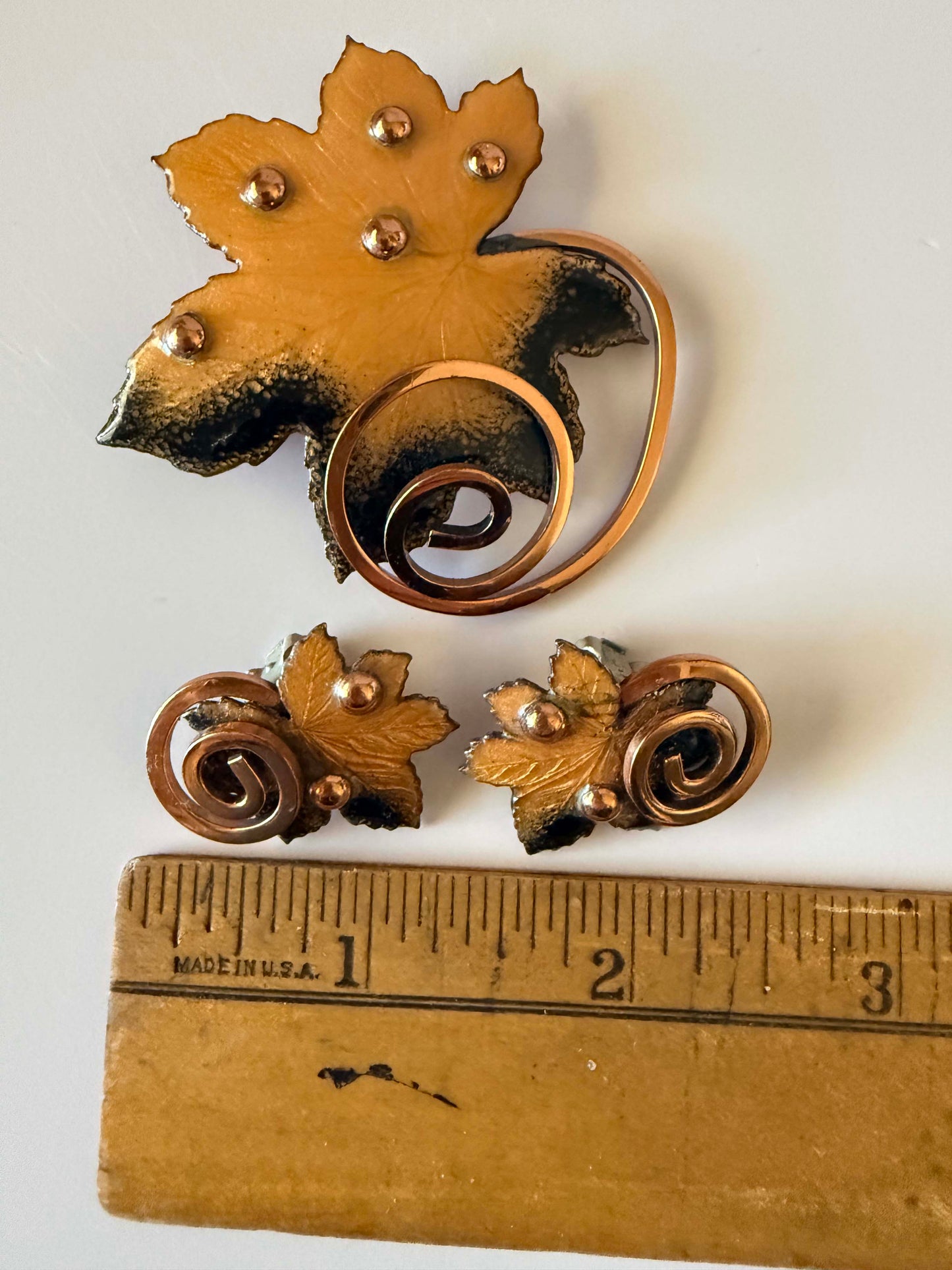 Vintage Matisse Renoir Copper Leaf Brooch & Clip Earrings Set | Mid Century Modern Jewelry | Enamel Maple Leaf Demi Parure | Signed