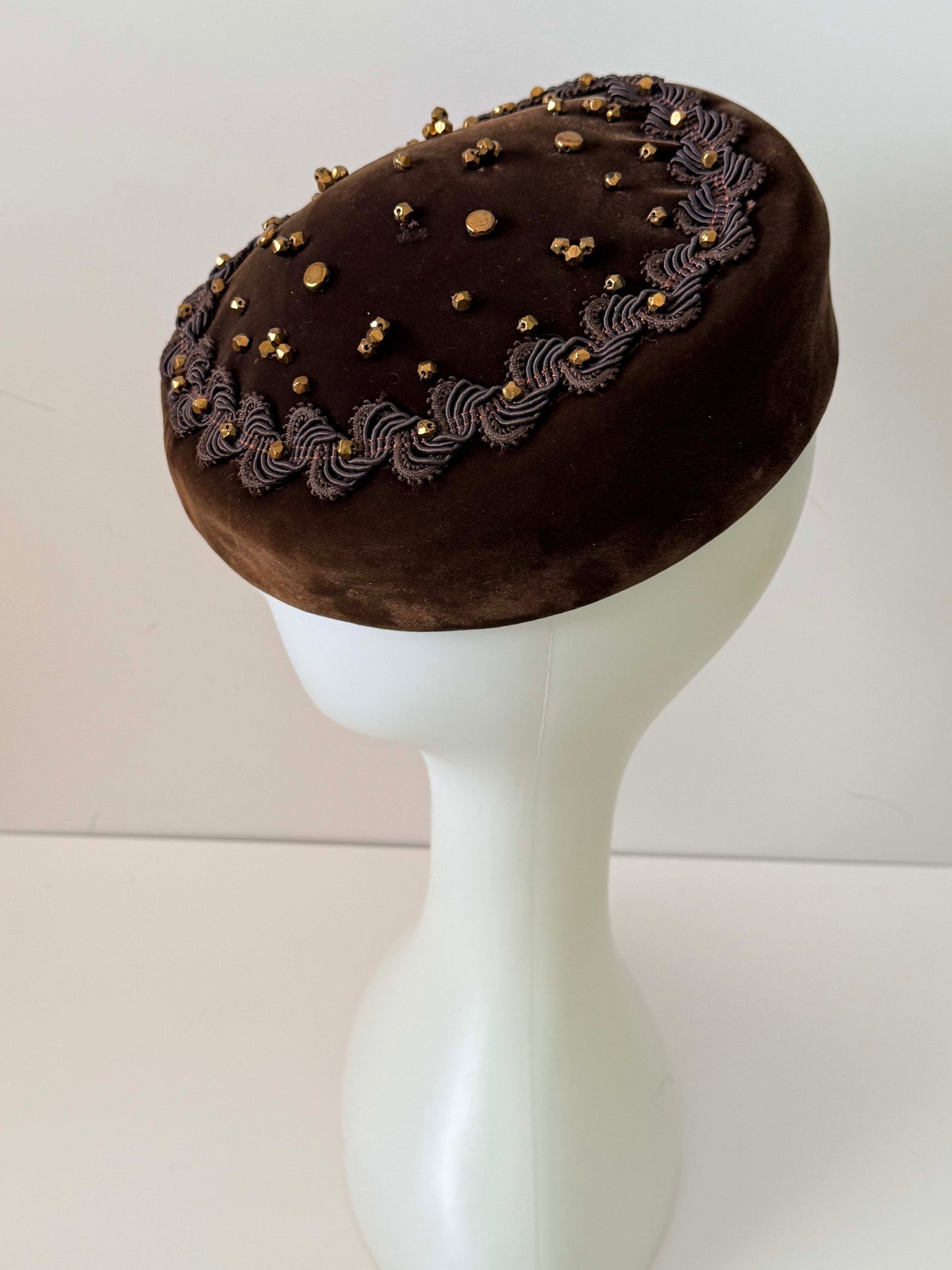 Vintage Brown Velvet Beaded Cocktail Hat – 1950s Bronze Studded Pillbox with Embroidered Trim