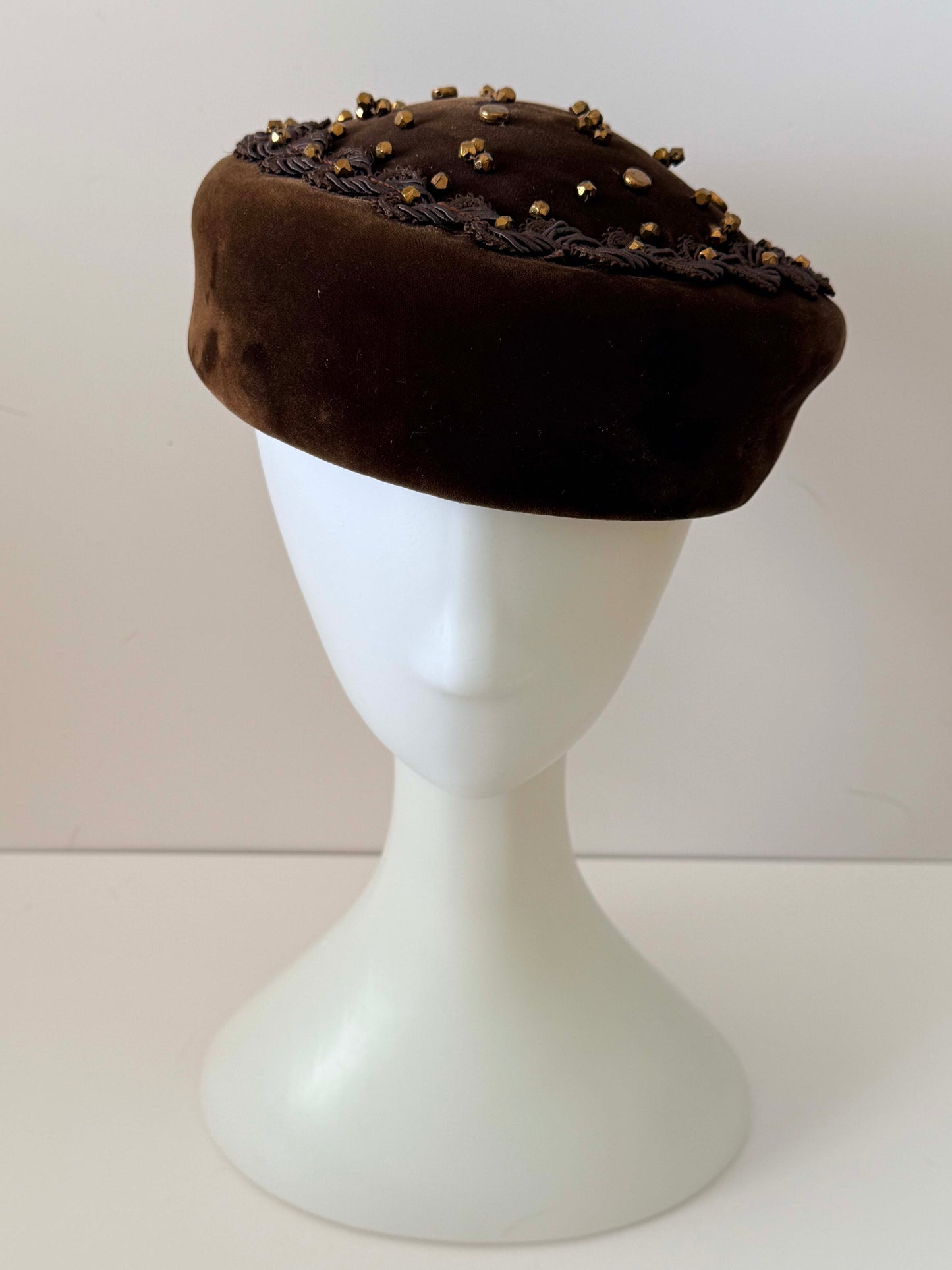 Vintage Brown Velvet Beaded Cocktail Hat – 1950s Bronze Studded Pillbox with Embroidered Trim