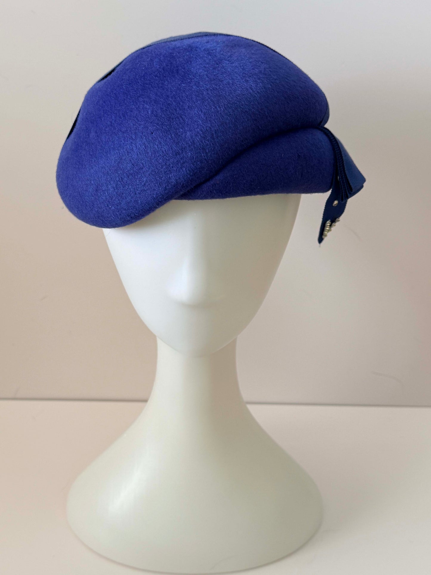 Vintage Glenover by Henry Pollak Cobalt Blue Felt Tilt Hat – 1950s Sculpted Wool Cocktail Hat