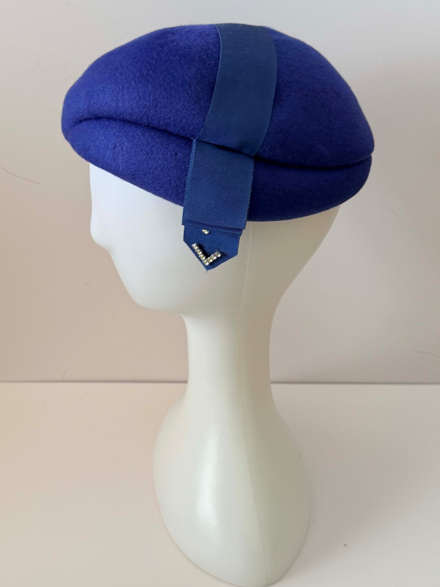 Vintage Glenover by Henry Pollak Cobalt Blue Felt Tilt Hat – 1950s Sculpted Wool Cocktail Hat