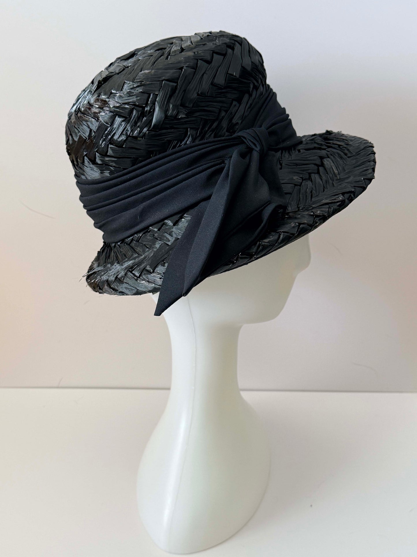 Vintage Black Raffia Bucket Hat – Katz Nannette Chapeaux Woven Straw with Silk Wrap Bow
