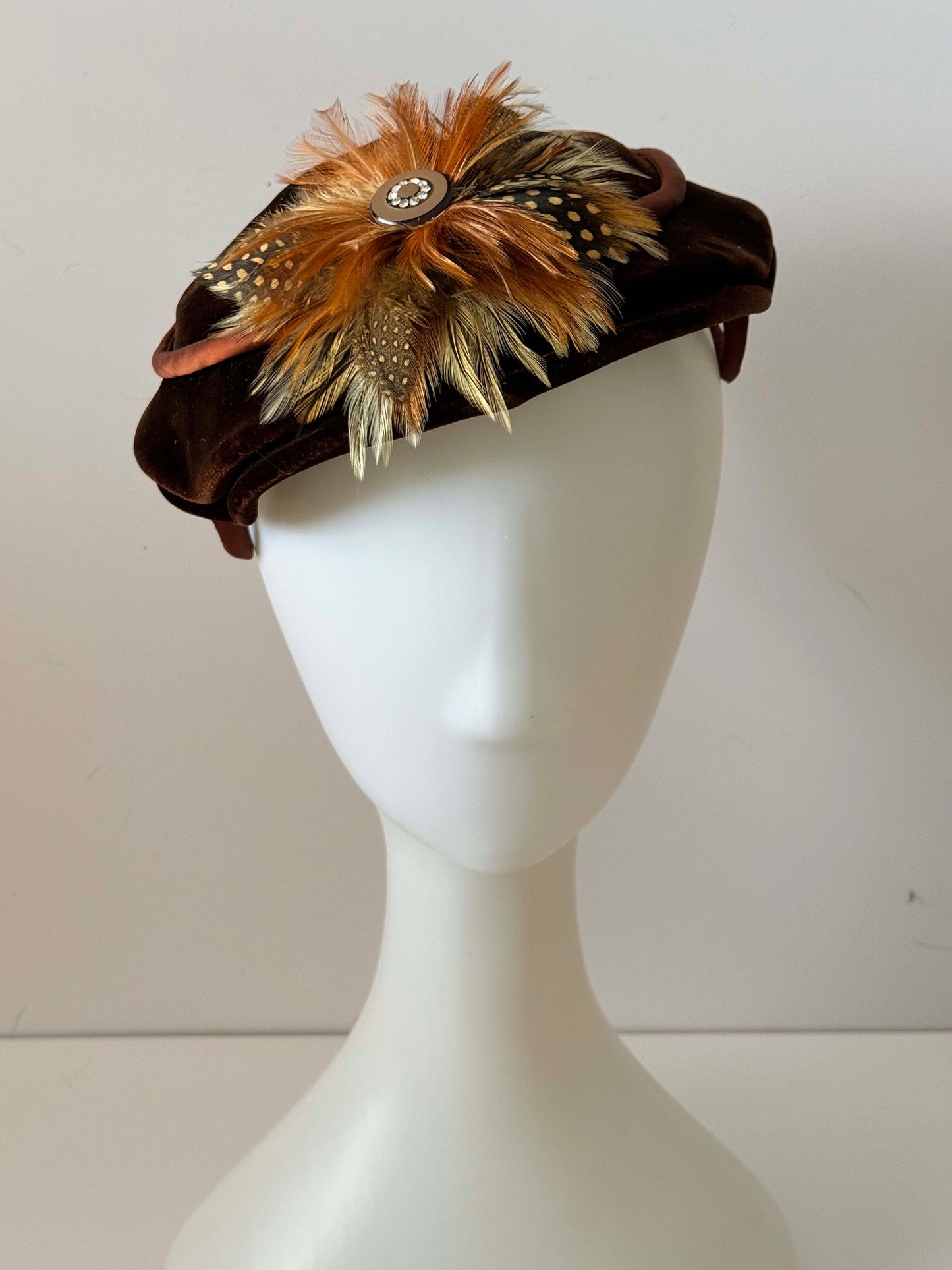 Vintage Noreen Fashion Brown Velvet Hat with Feather & Rhinestone Accent – 1930s -1950s Tilt Cocktail Hat