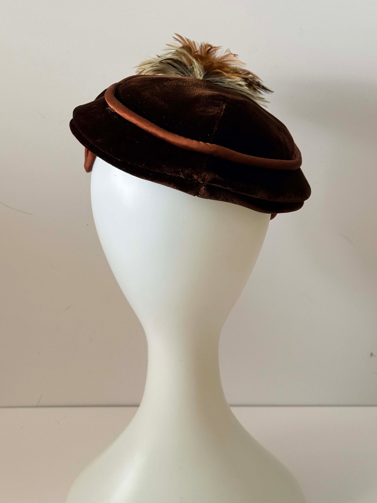 Vintage Noreen Fashion Brown Velvet Hat with Feather & Rhinestone Accent – 1930s -1950s Tilt Cocktail Hat
