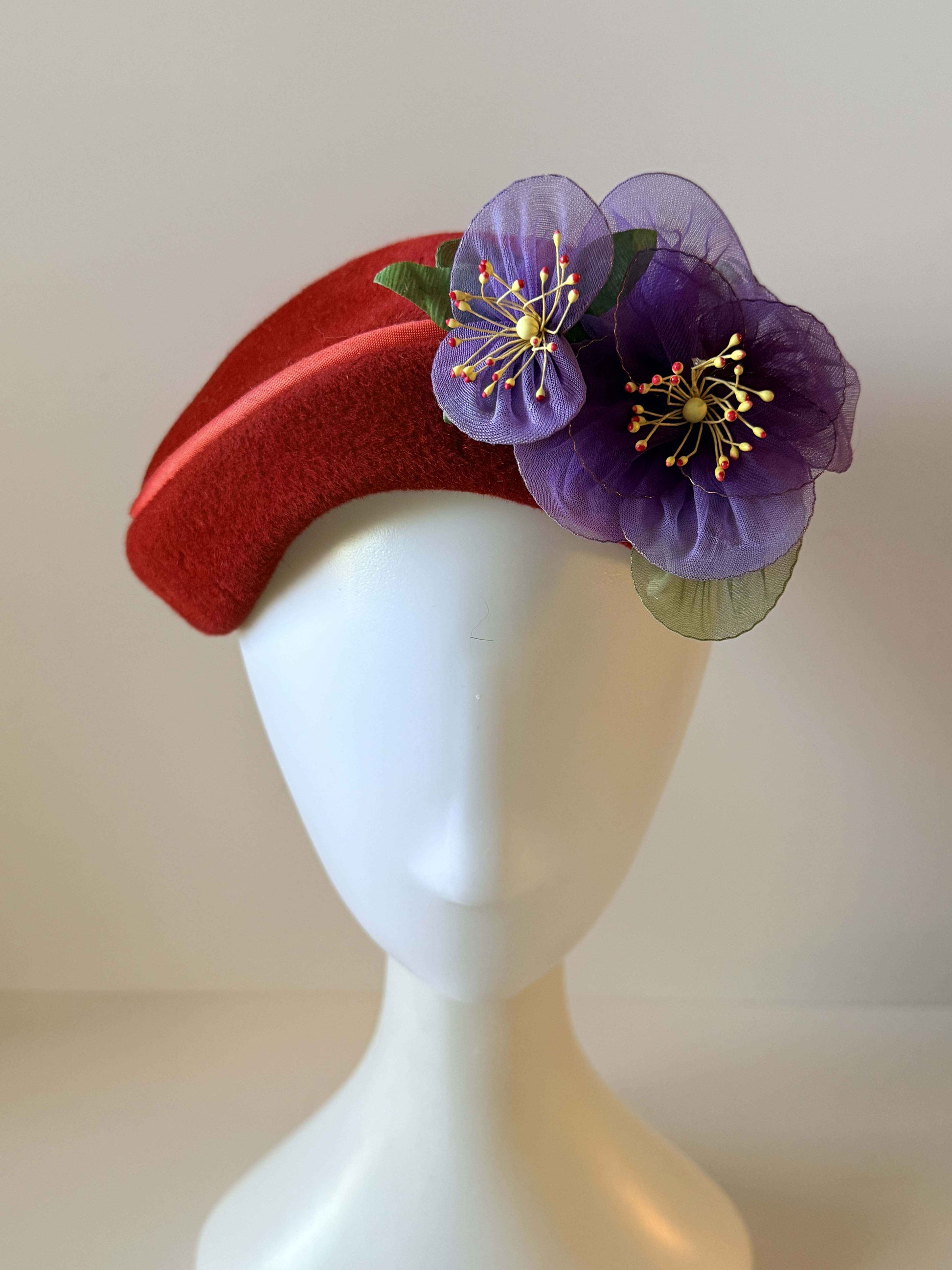 Vintage Red Felt Pillbox Hat with Purple Flowers | 1960s Wool Felt Hat | Floral Cocktail Hat | Mid Century Millinery | Holiday Hat