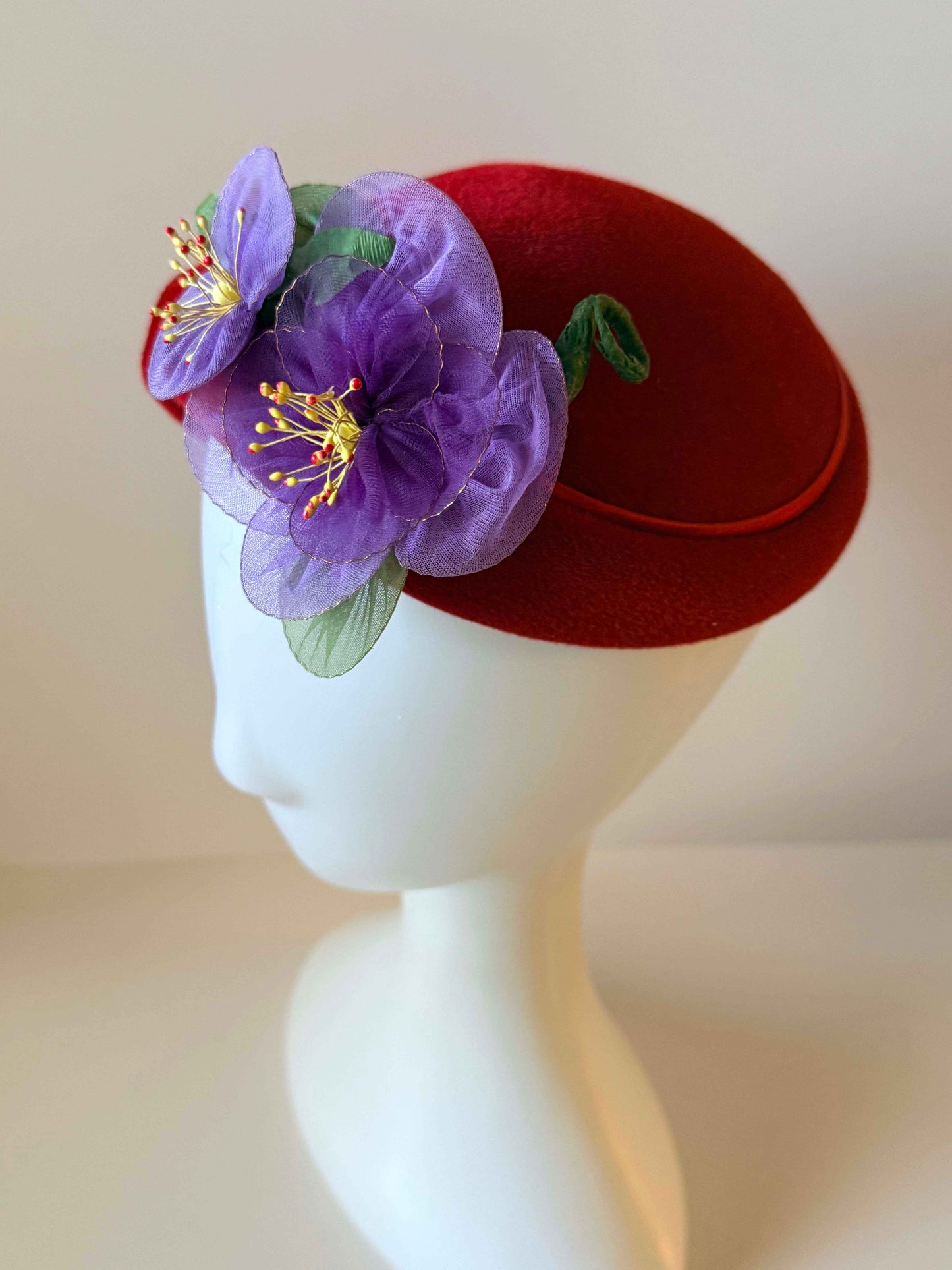 Vintage Red Felt Pillbox Hat with Purple Flowers | 1960s Wool Felt Hat | Floral Cocktail Hat | Mid Century Millinery | Holiday Hat