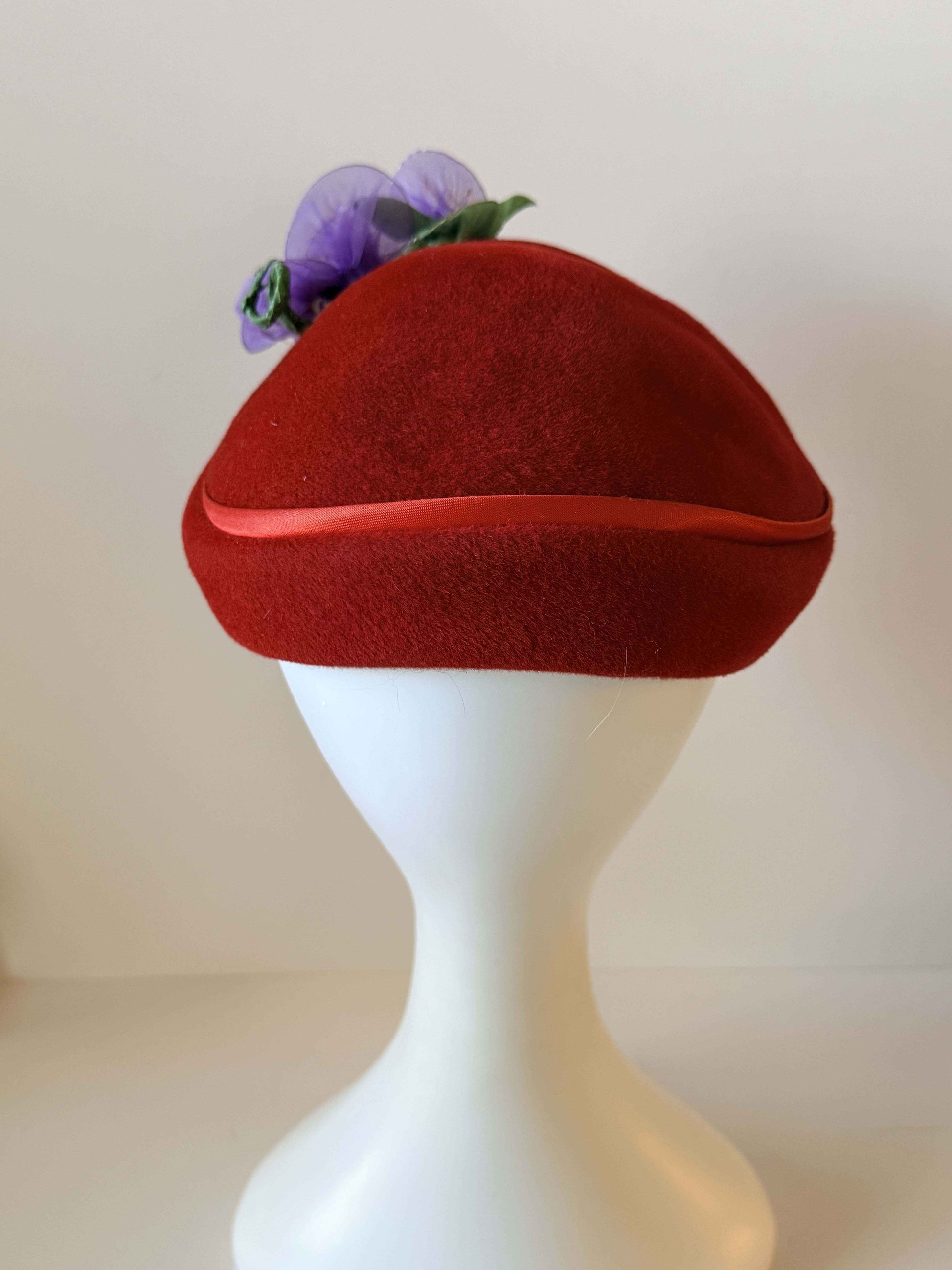 Vintage Red Felt Pillbox Hat with Purple Flowers | 1960s Wool Felt Hat | Floral Cocktail Hat | Mid Century Millinery | Holiday Hat