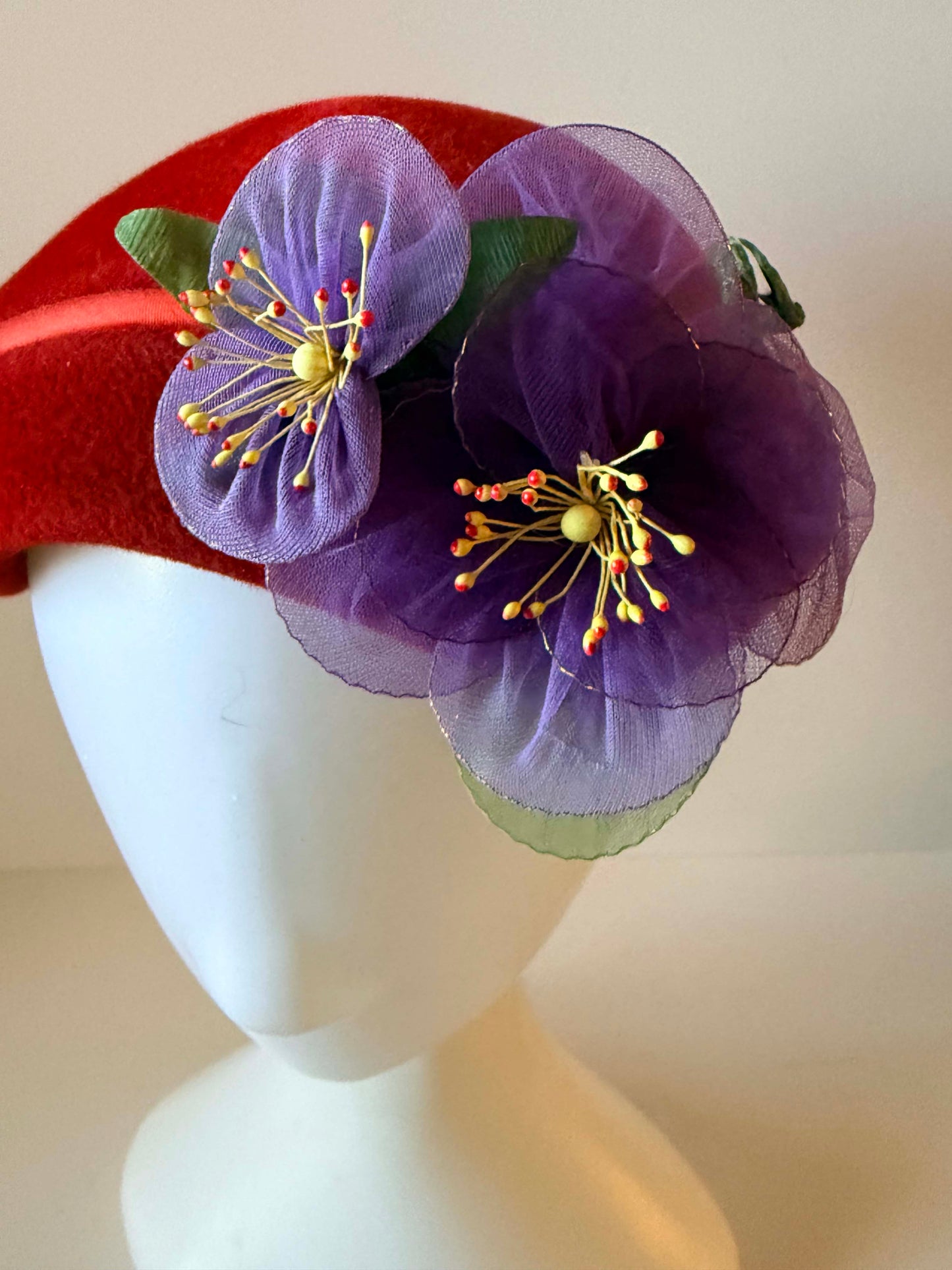 Vintage Red Felt Pillbox Hat with Purple Flowers | 1960s Wool Felt Hat | Floral Cocktail Hat | Mid Century Millinery | Holiday Hat