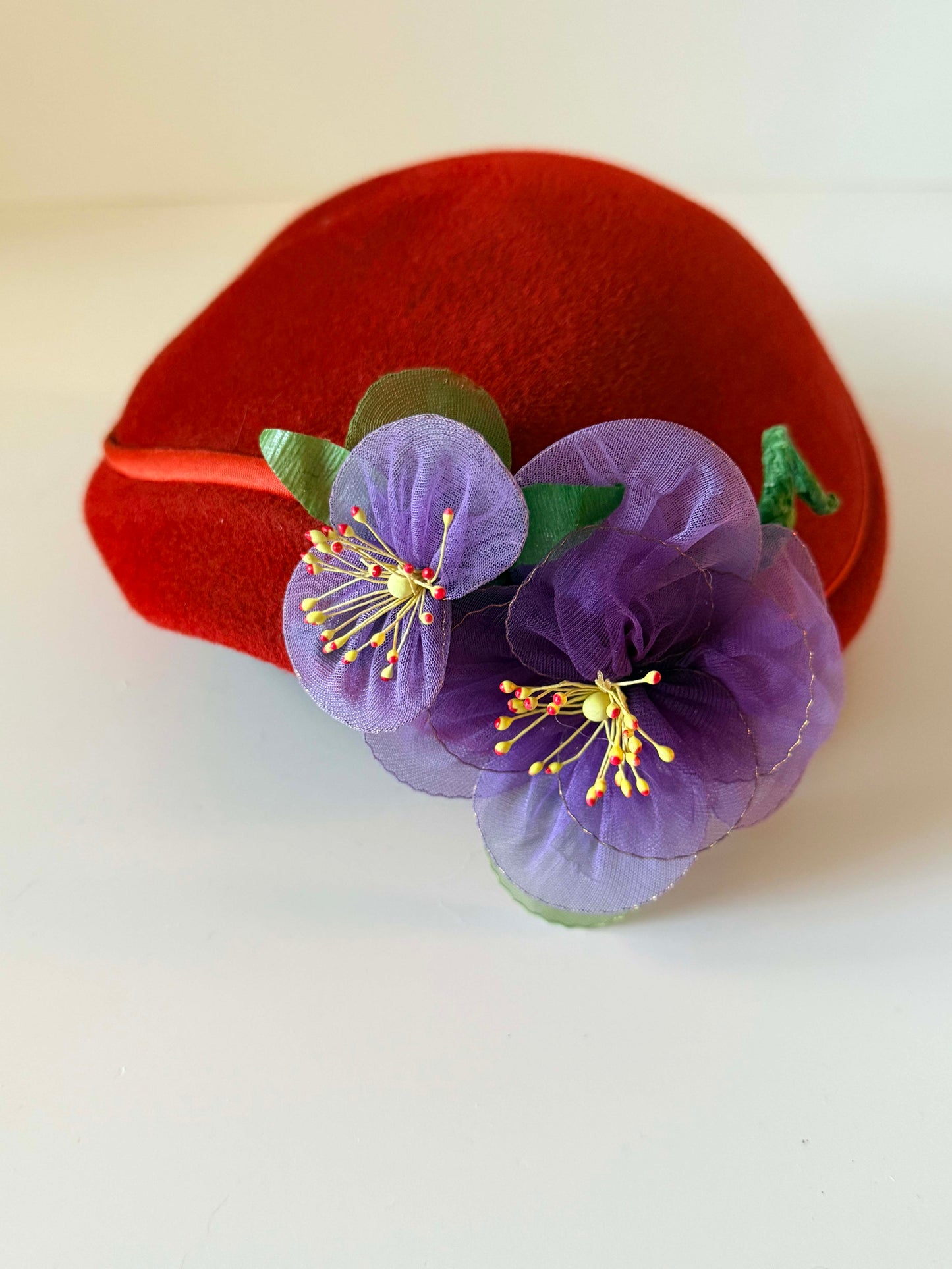 Vintage Red Felt Pillbox Hat with Purple Flowers | 1960s Wool Felt Hat | Floral Cocktail Hat | Mid Century Millinery | Holiday Hat