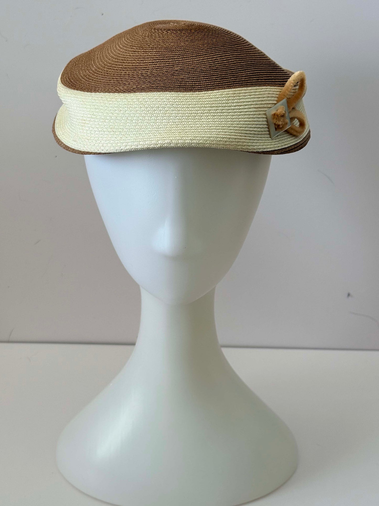 Vintage 1960s Brown & Cream Straw Hat – Joseph Horne Co Pittsburgh – Cromwell Hats – Two Tone Summer Pillbox Cap with Bow Detail