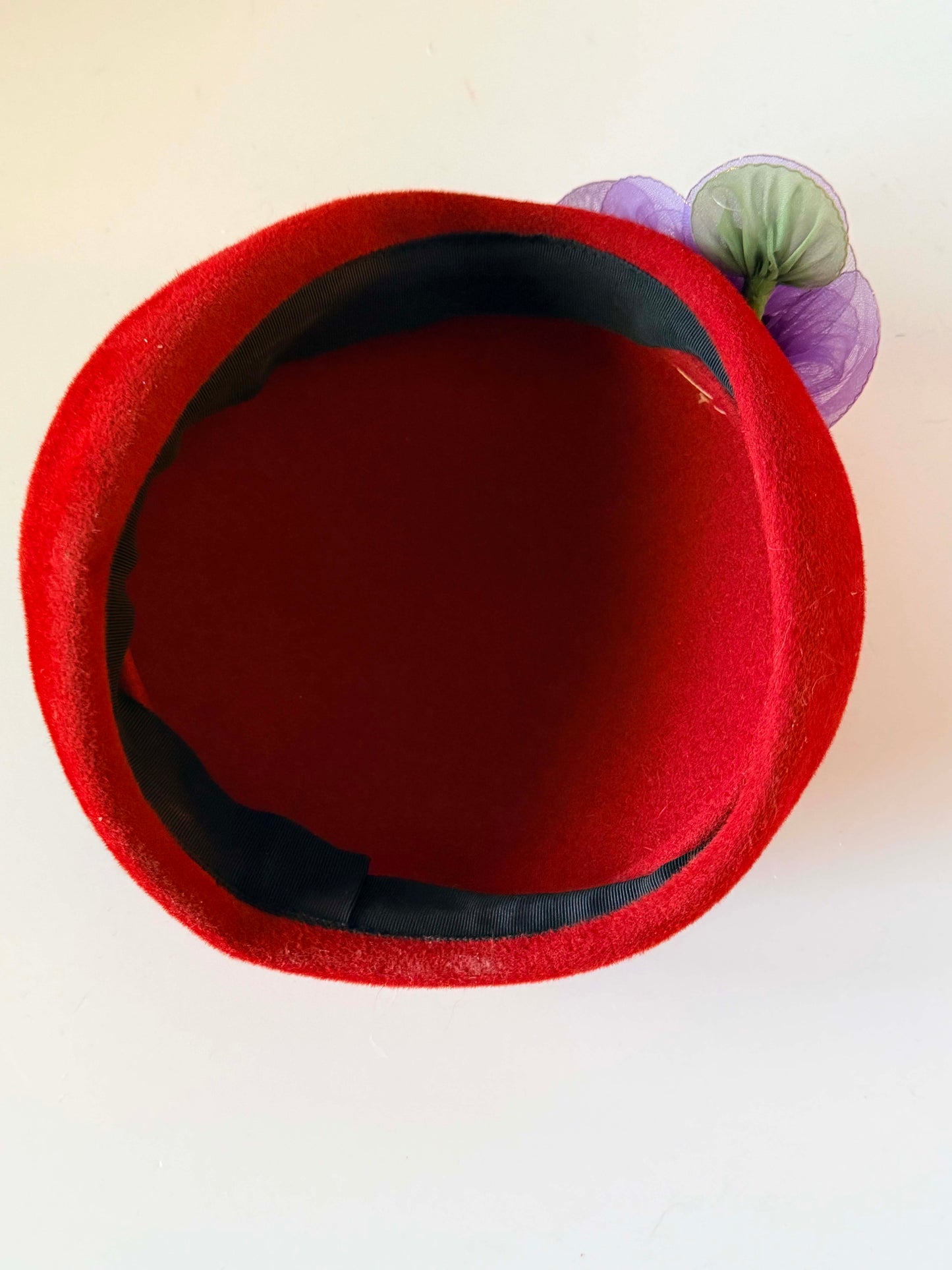 Vintage Red Felt Pillbox Hat with Purple Flowers | 1960s Wool Felt Hat | Floral Cocktail Hat | Mid Century Millinery | Holiday Hat